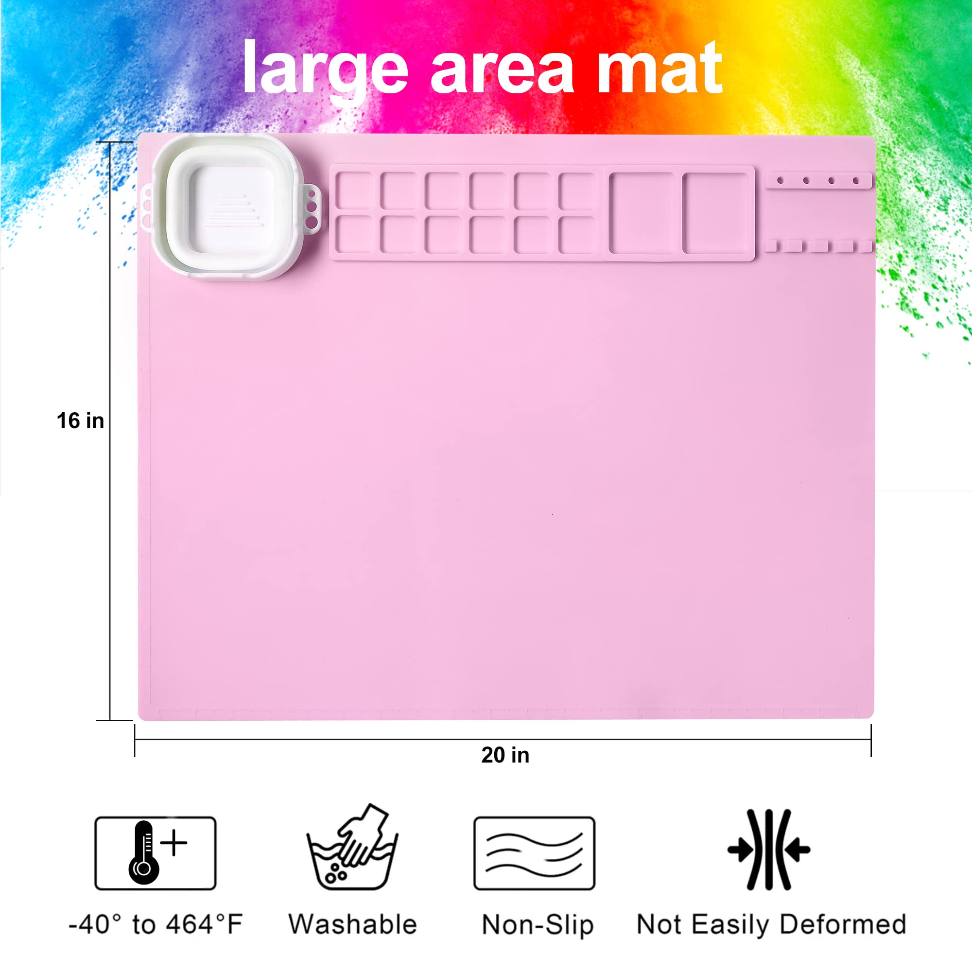 AWOKE Silicone Painting Mat - 20"X16" Silicone Art Mat with 1 Water Cup for Kids - Silcone Craft Mat has12 Color Dividers - 2 Paint Dividers (White)