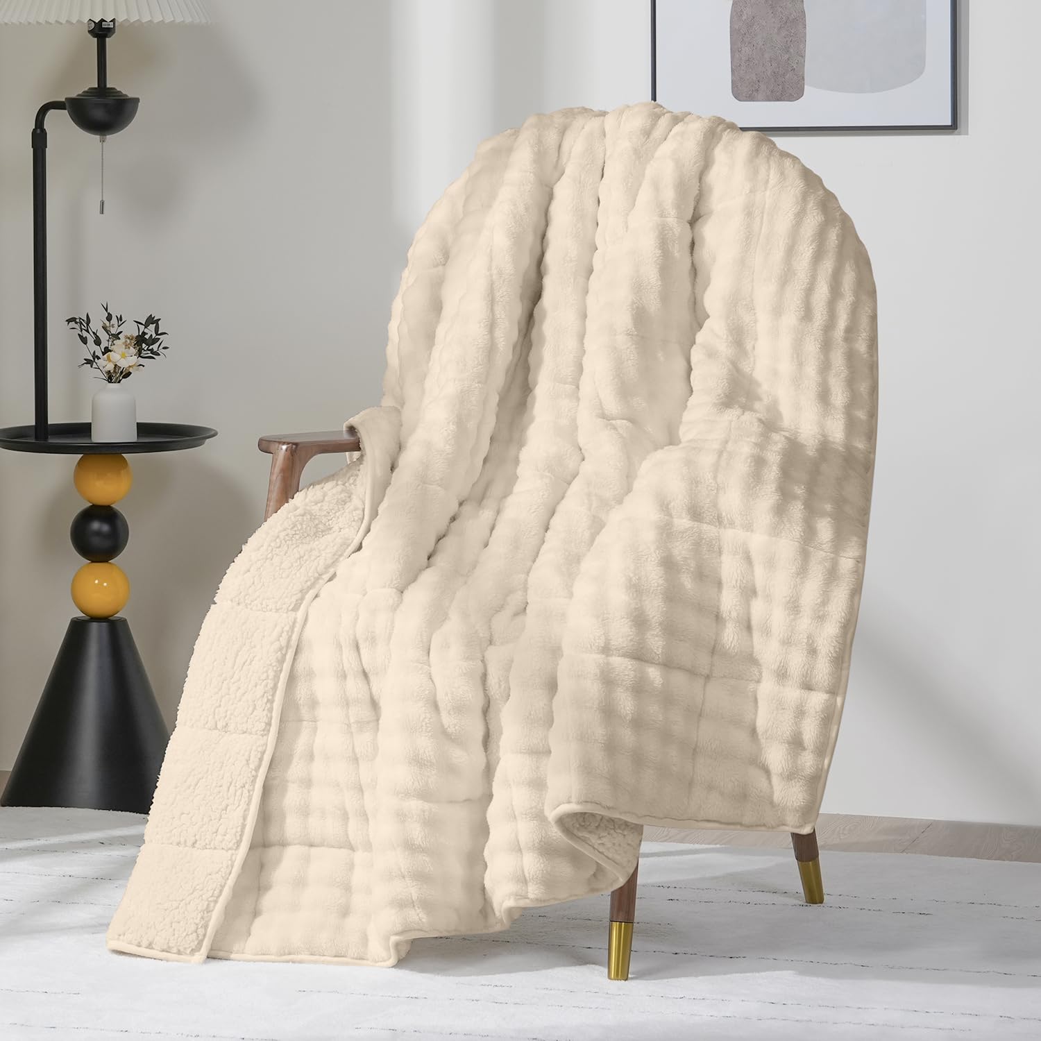 Cottonblue Weighted Blanket 15lbs Bubble Faux Fur Plush Sherpa Weighted Blankets for Adults, Fits Queen Size Bed, Cute Fuzzy Warm Heavy Blanket for Calm and Better Sleep, 60"x80", Cream White