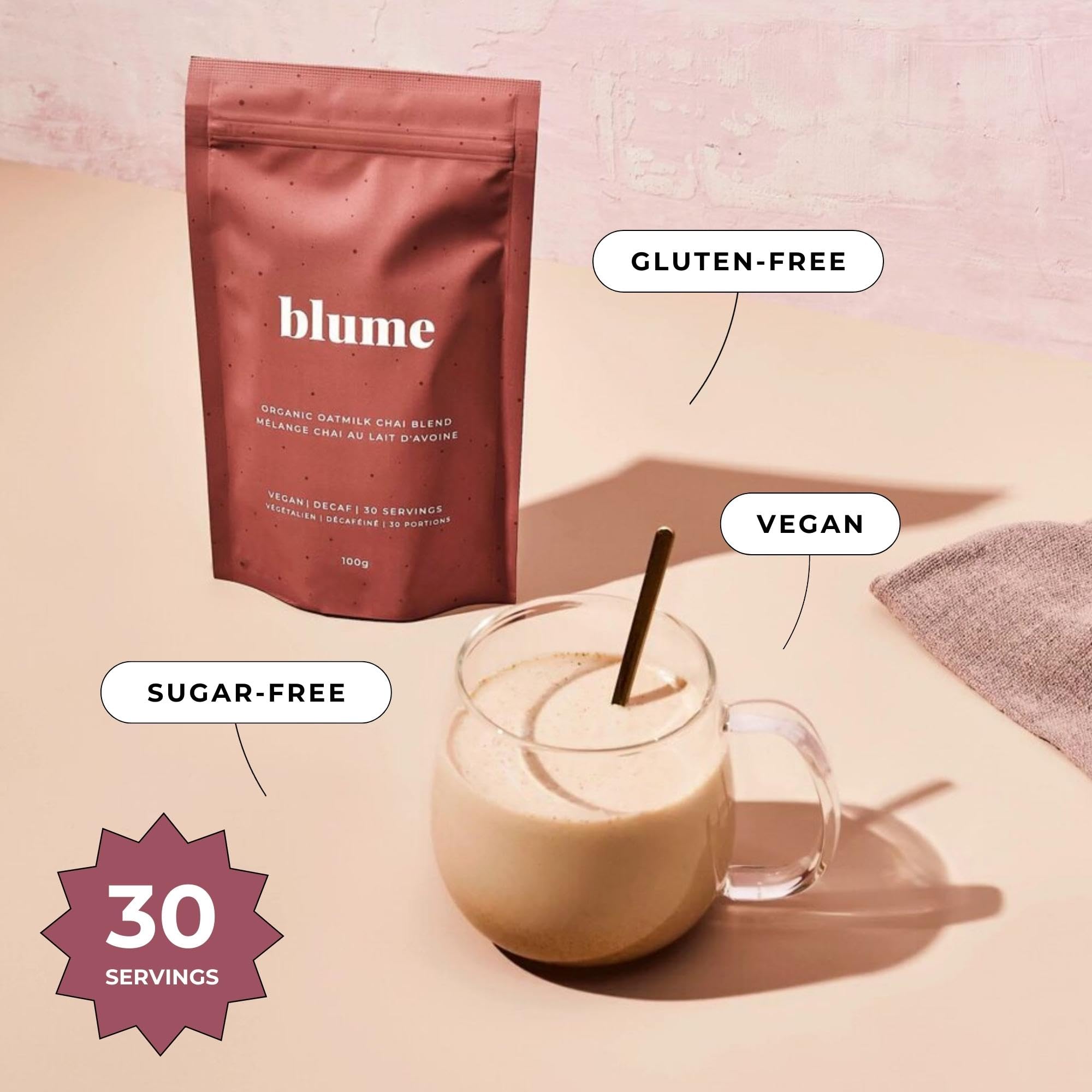 Blume Rose London Fog Latte with Zero Sugar or Caffeine - Certified Organic, Vegan and Gluten-Free - Tart Cherry & Rosehips blend rich Antioxidant & Vitamin to Ease Bloating and Boost Your Natural Glow - 30 Servings