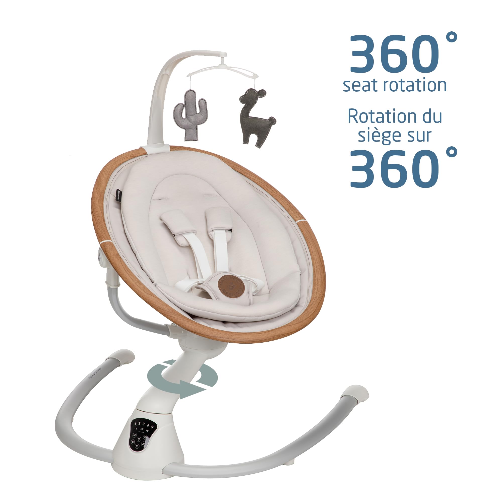 Maxi-Cosi Cassia Baby Swing, infant swing, automatic motion sensor, music, toys, recline, portable, 360 degree rotation, lightweight & foldable, Horizon Sand