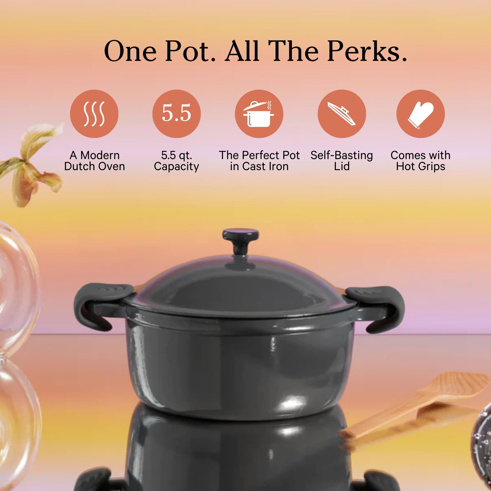Our Place Cast Iron Perfect Pot | 6-in-1 Multifunctional 5.5 Qt. Toxin-Free Enameled Dutch Oven with Self-Basting Lid | Hot Grips & Beechwood Scraper | Induction Cooktop and Oven Safe | Spice