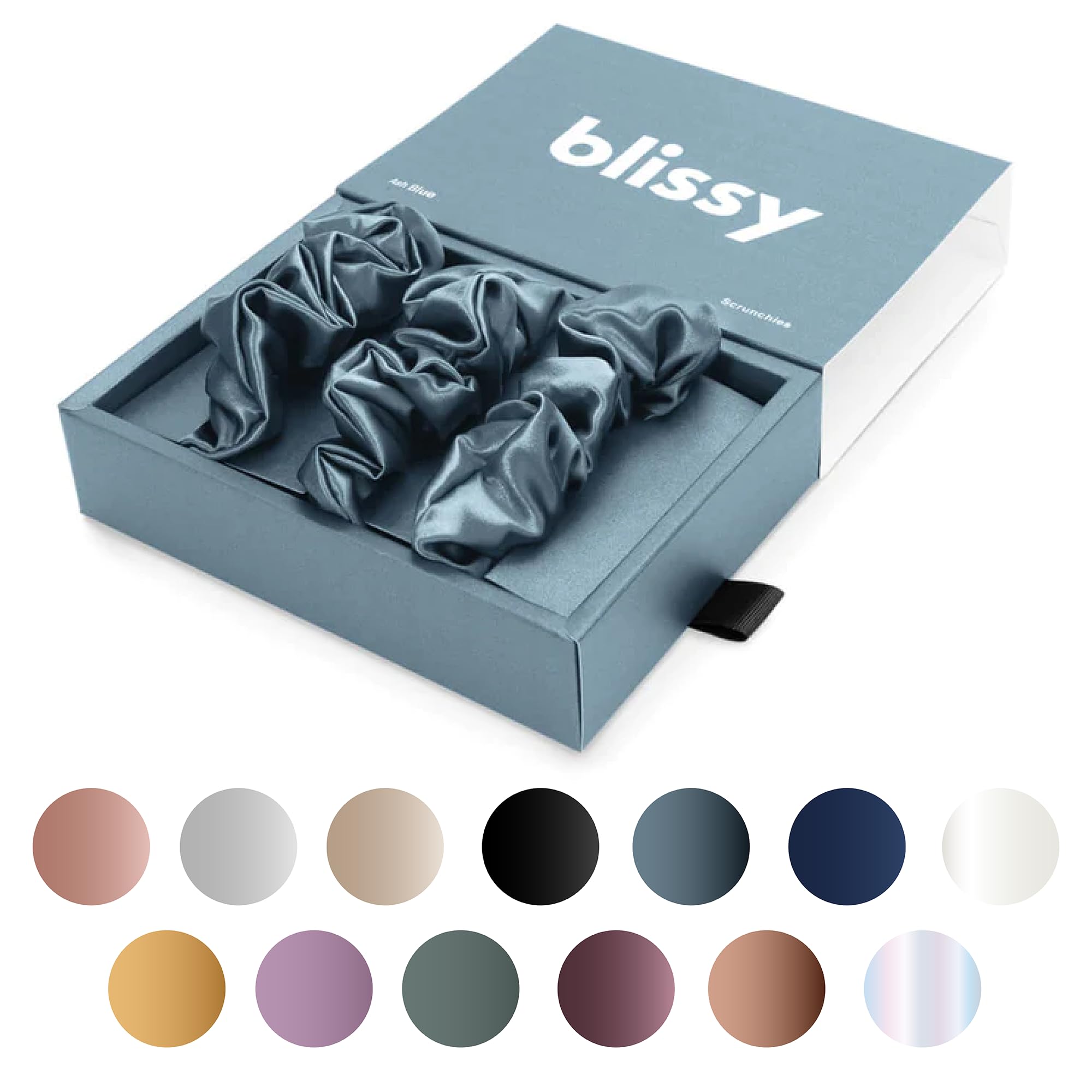 Blissy Silk Scrunchies (3 Pack) - 100% Pure Mulberry Silk - 22 Momme 6A High-Grade Fibers - Silk Scrunchie for Straight & Curly Hair - Preventing Breakage, Tangling, & Creasing (Black Skinny)