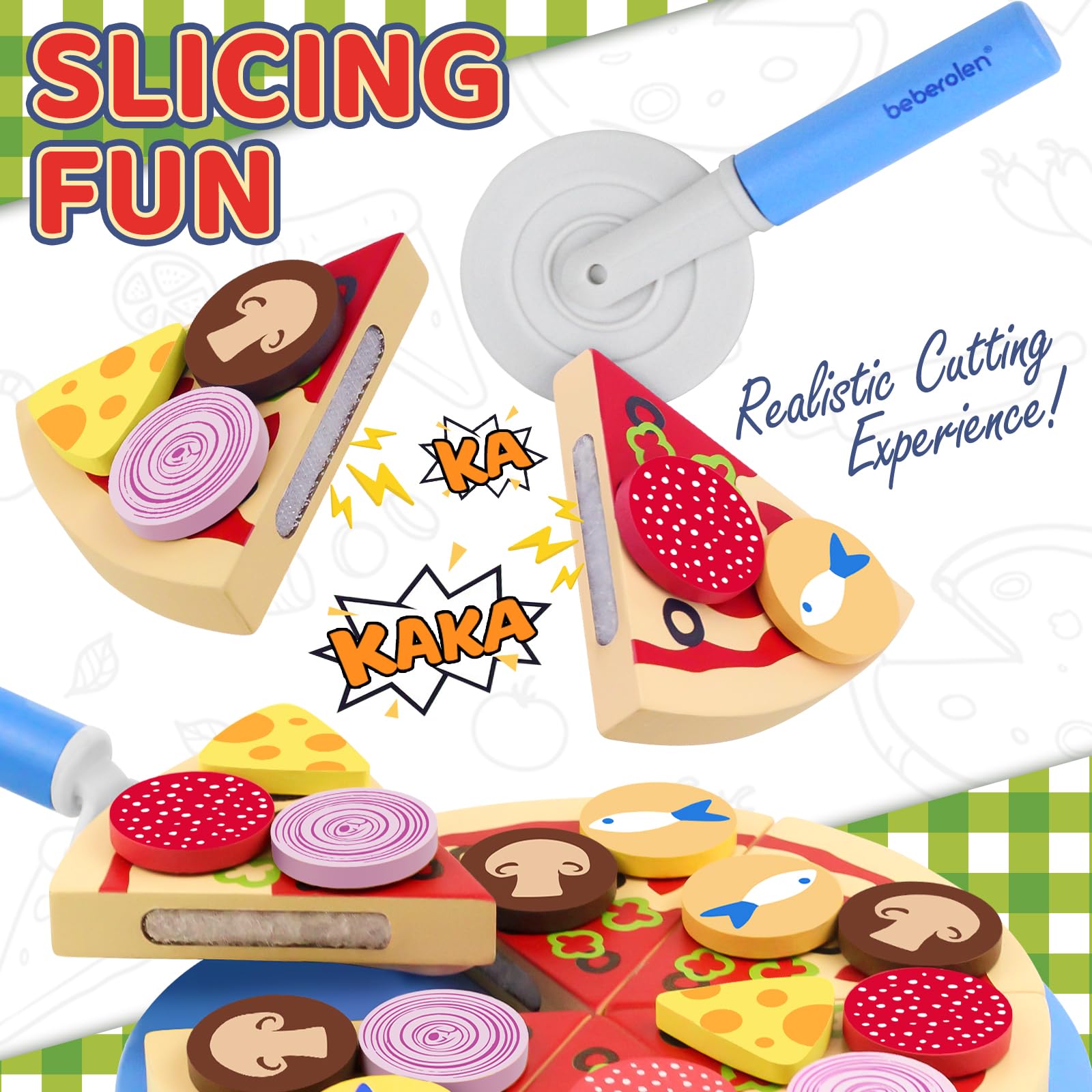 Beberolen Wooden Pizza Toy Play Food Set for Kids Pretend Play Kitchen Accessories Cutting Food Toys for 3 4 5 Years Old Toddlers Boys Girls