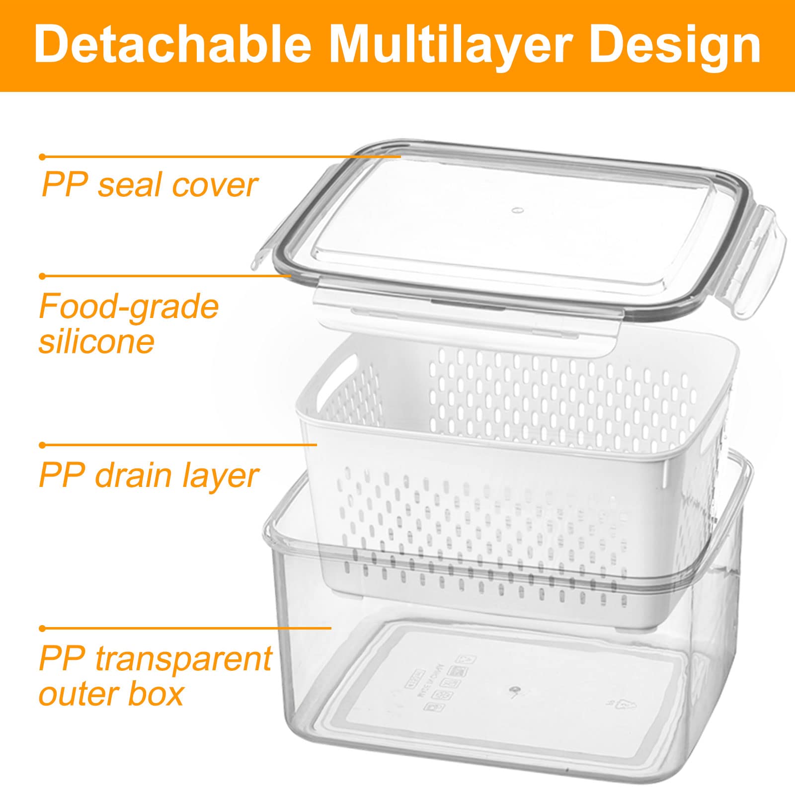 Fresh Food Storage Containers, 3 Pack Large Capacity Produce Saver Box with Drain Baskets & Lid for Vegetable and Fruit - BPA Free Stackable Refrigerator Organizer for Kitchen (0.8L+1.7L+3.15L)