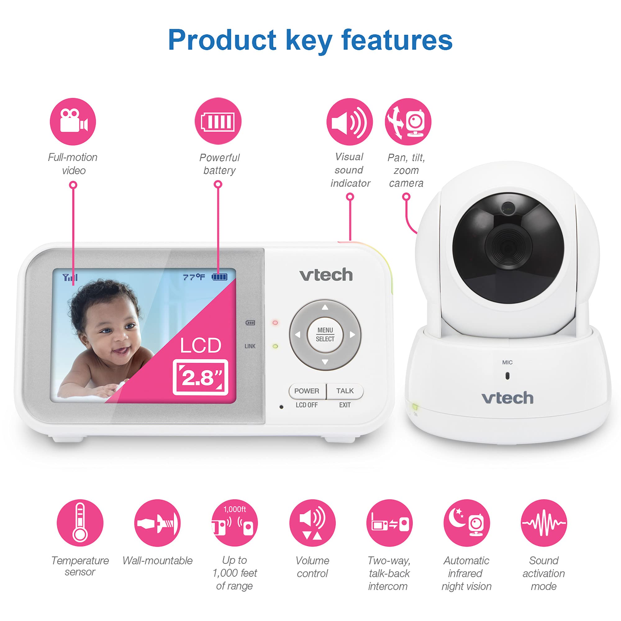 VTech VM819 Baby Monitor, 2.8” Screen, Night Vision, 2-Way Audio, Temperature Sensor and Lullabies, Secure Transmission No WiFi