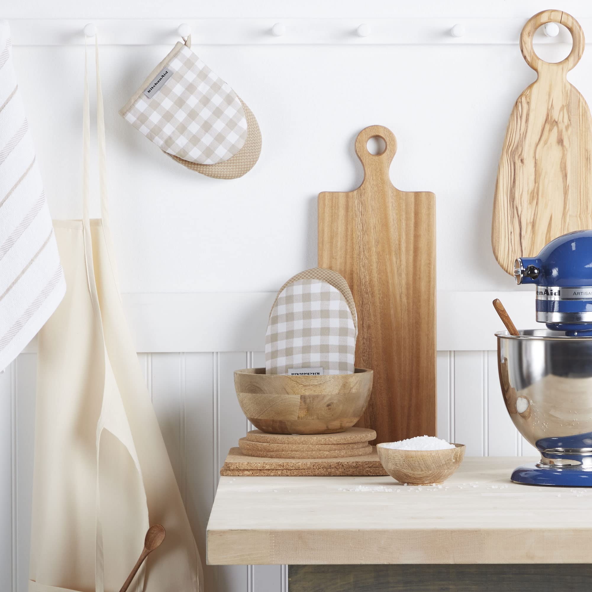 KitchenAid Gingham Mini Oven Mitt 2-Pack Set, Milkshake Tan, 5.5"x8"