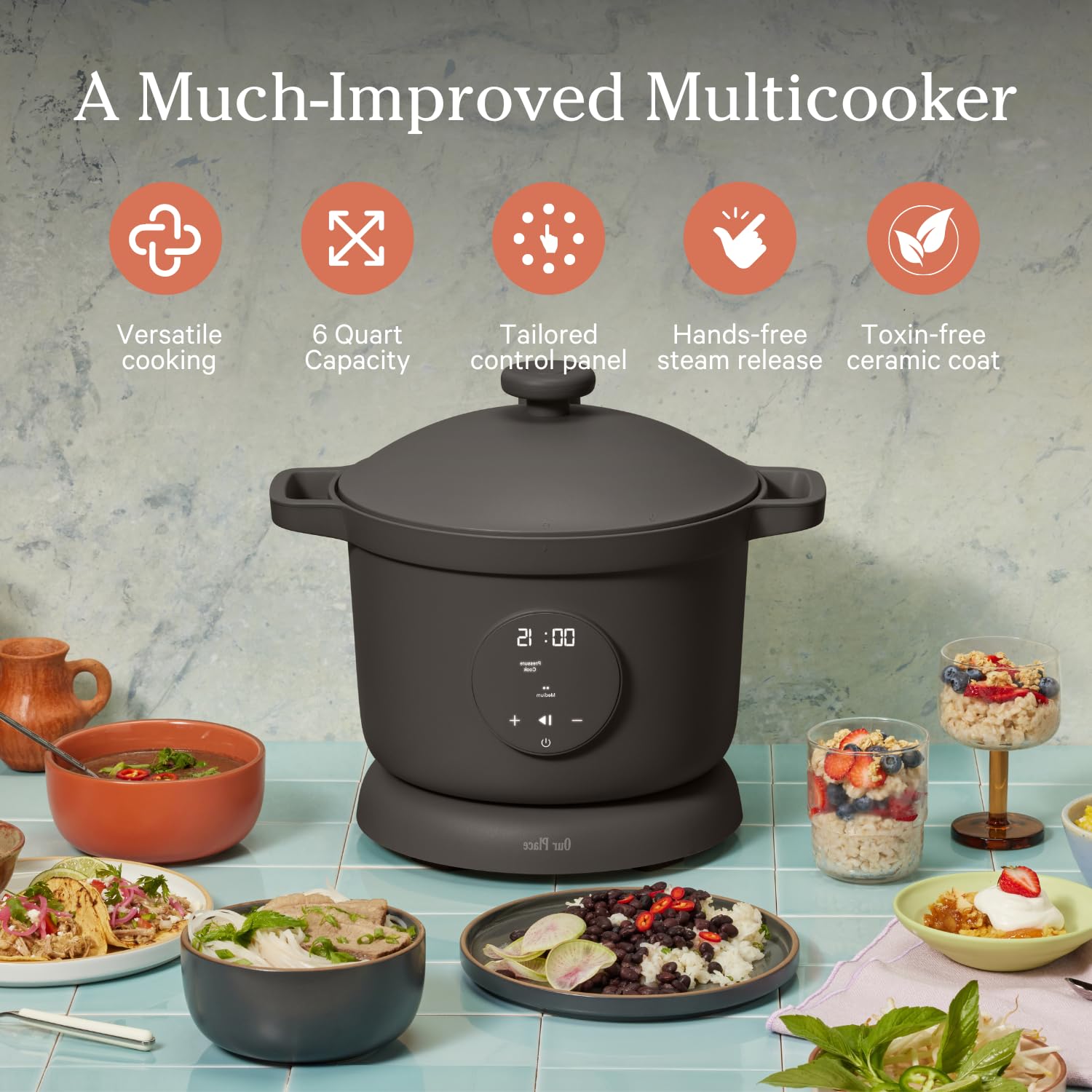 Our Place Dream Cooker | 6-quart Multicooker | 4 Versatile Modes | Pressure Cook, Slow Cook, Sear & Saute, Keep Warm | Hands-Free Steam Release | Tailored Control Panel | Steam