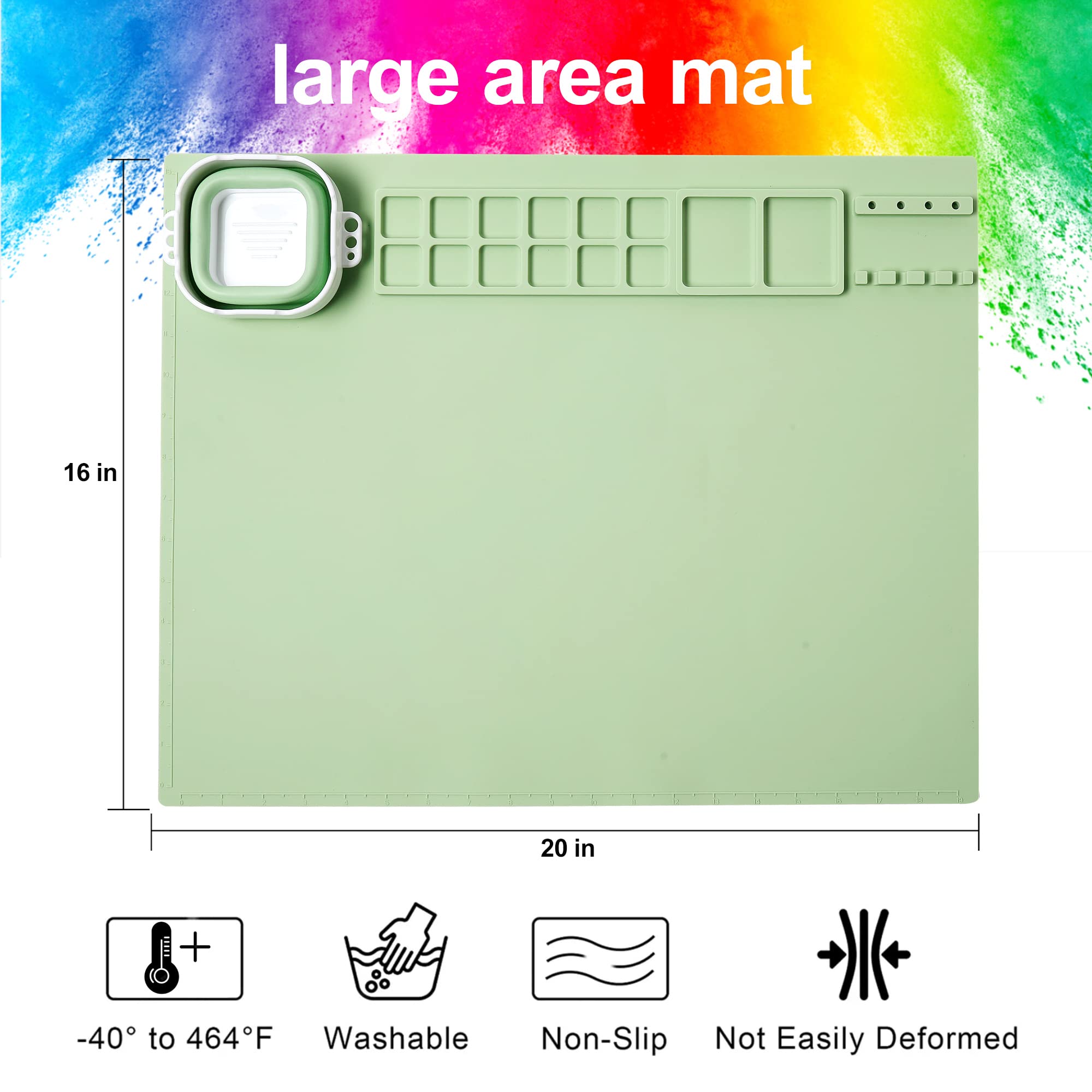 AWOKE Silicone Painting Mat - 20"X16" Silicone Art Mat with 1 Water Cup for Kids - Silcone Craft Mat has12 Color Dividers - 2 Paint Dividers (White)