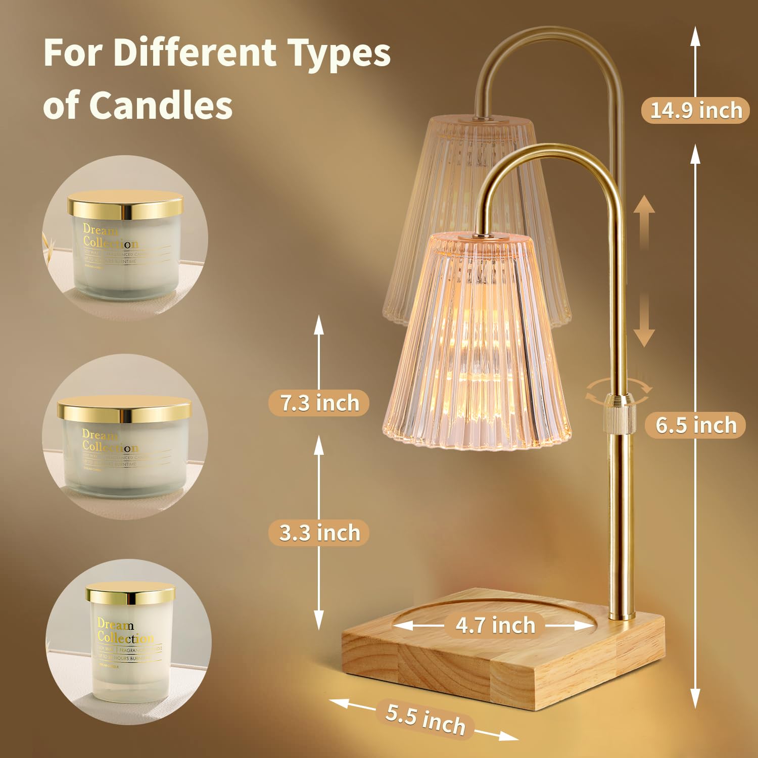 Candle Warmer Lamp with Dimmer, Electric Candle Warmer for Jar Candles, Bedroom Home Decor, 2H/4H/8H Timer Adjustable Height with 2 Bulbs, (Amber)