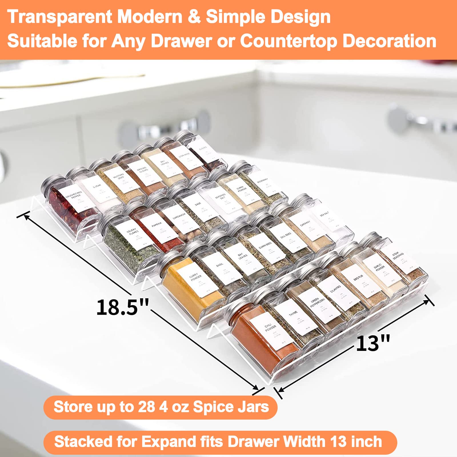 Clear Acrylic Spice Drawer Organizer, 4 Tier- 2 Set Expandable From 33 cm to 66 cm Seasoning Jars Drawers Insert, Kitchen Spice Rack Tray for Drawer/Countertop (Jars and Labels not included)