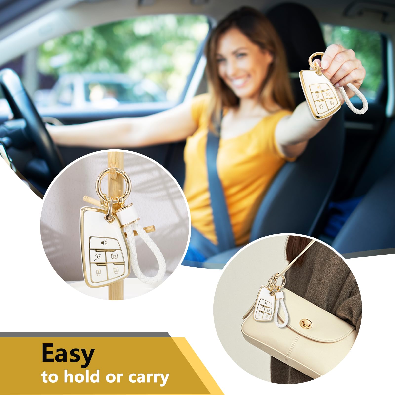 Cadillac Key Fob Cover with Metal Braided Rope Keychain, Upgraded Soft Key Case for 2015-2019 Escalade CTS SRX XT5 ATS STS CT6 (5 Button) (Gold Edge)