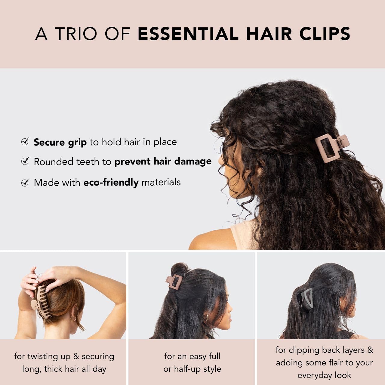 Kitsch Large Assorted Hair Clips for Women - Medium Open Shape Hair Claw Clips for Thick Hair | Small Open Shape Hair Clip & Big Claw Clip for Teen Girls | Hair Styling Accessories, 3 pcs