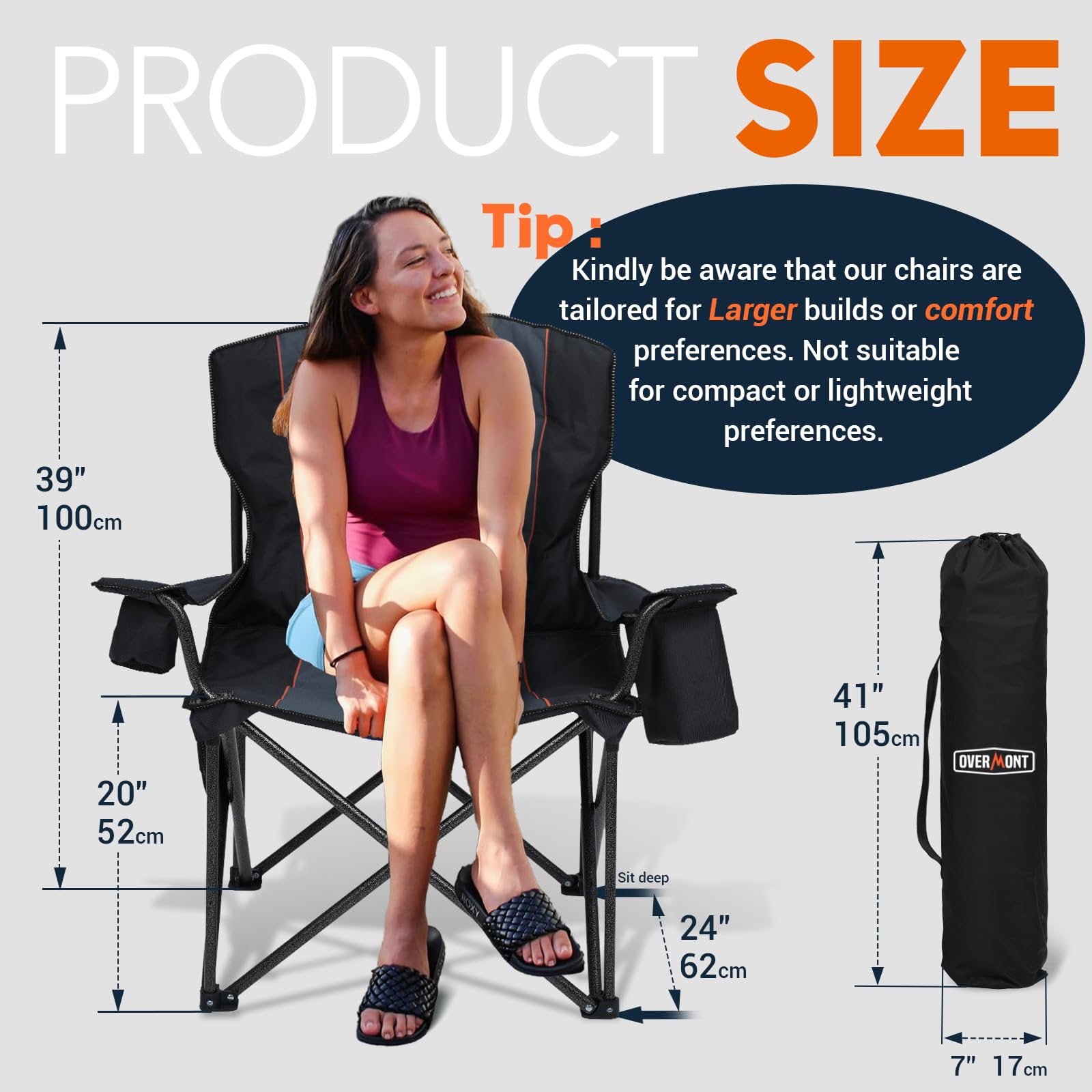 Overmont Oversized Folding Camping Chair - Fully Padded with Cooler Pocket Carry Bag - Heavy Duty Portable Collapsible Lawn Chair Supports 450 LBS for Outdoor Sports Beach Garden Picnic