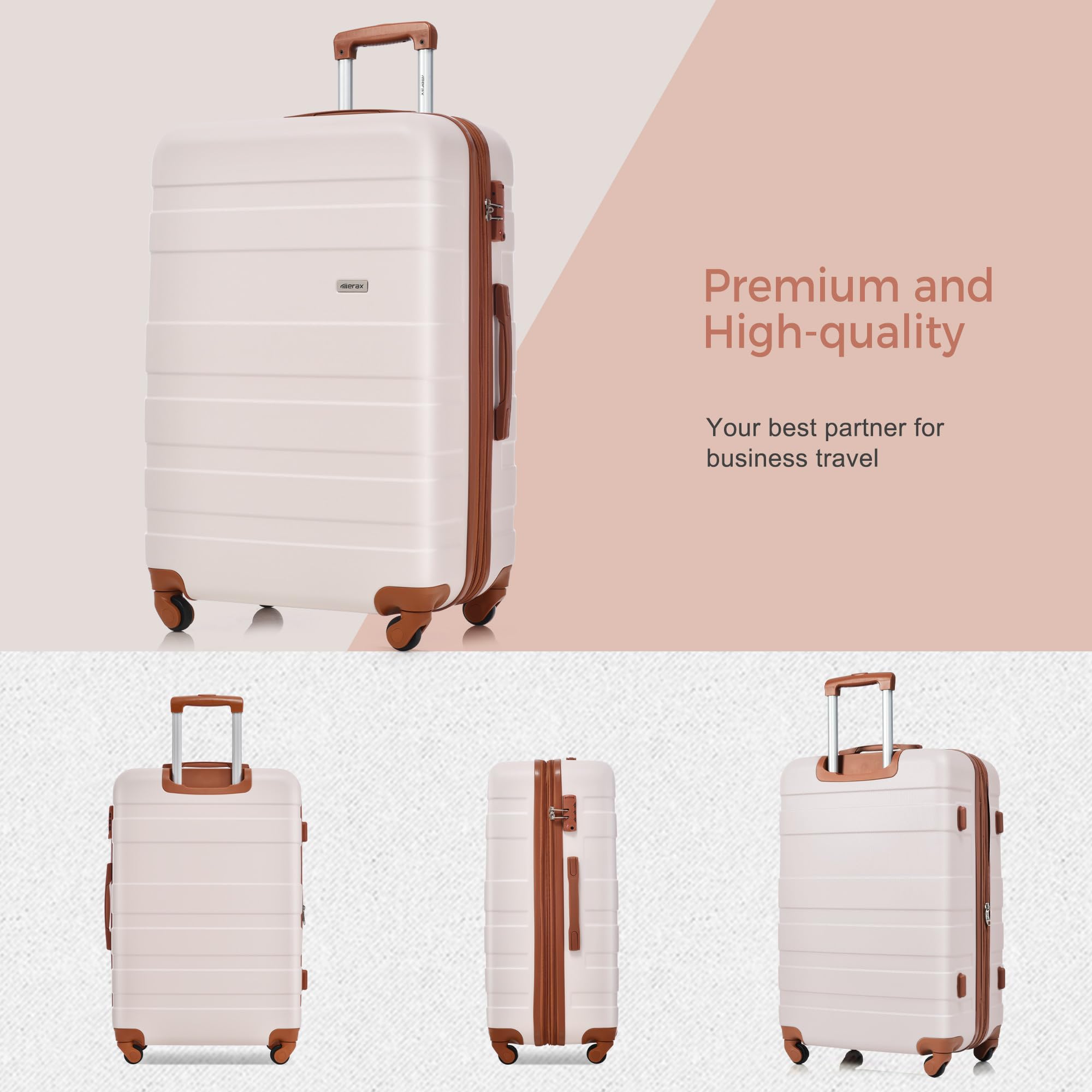 Merax 3 Pcs ABS Hardside Luggage Sets TSA Lock Spinner Wheel Suitcases, Pearly White, 20/24/28 Inch