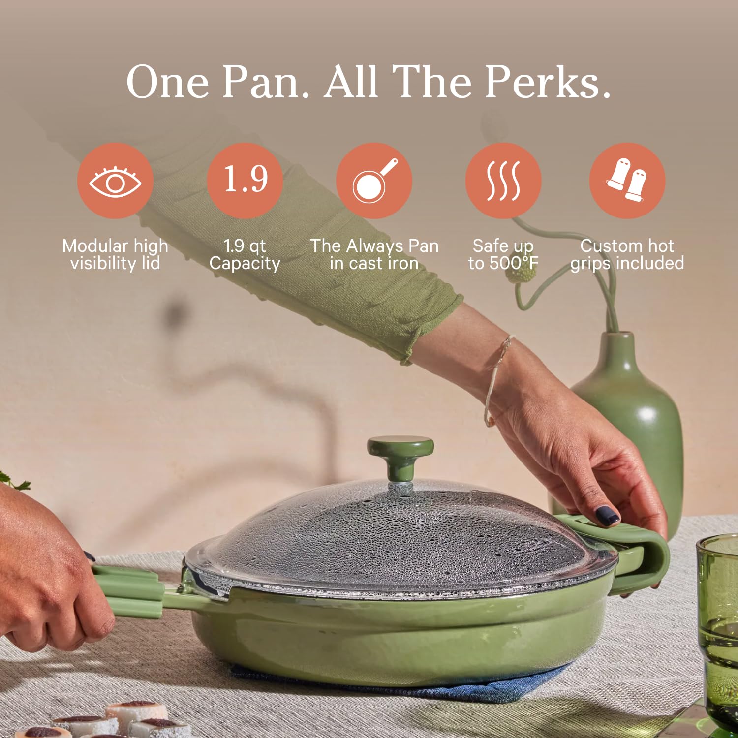 Our Place Cast Iron Always Pan | Premium Enameled, Toxin-Free Surface | 10-inch 8-in-1 Multifunctional Cookware System | Lid, Handle Covers | Heavy Duty Skillet | Oven & High Heat Safe | Sage