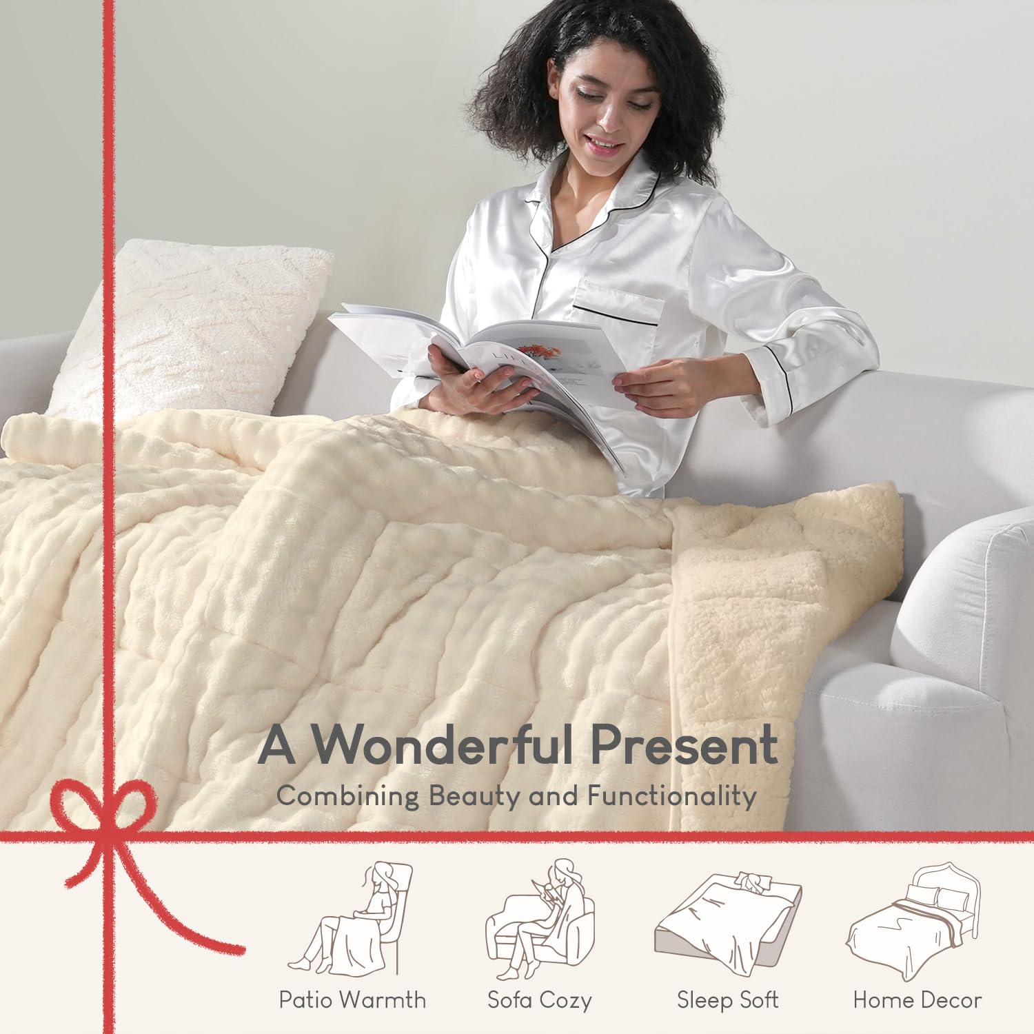Cottonblue Weighted Blanket 15lbs Bubble Faux Fur Plush Sherpa Weighted Blankets for Adults, Fits Queen Size Bed, Cute Fuzzy Warm Heavy Blanket for Calm and Better Sleep, 60"x80", Cream White