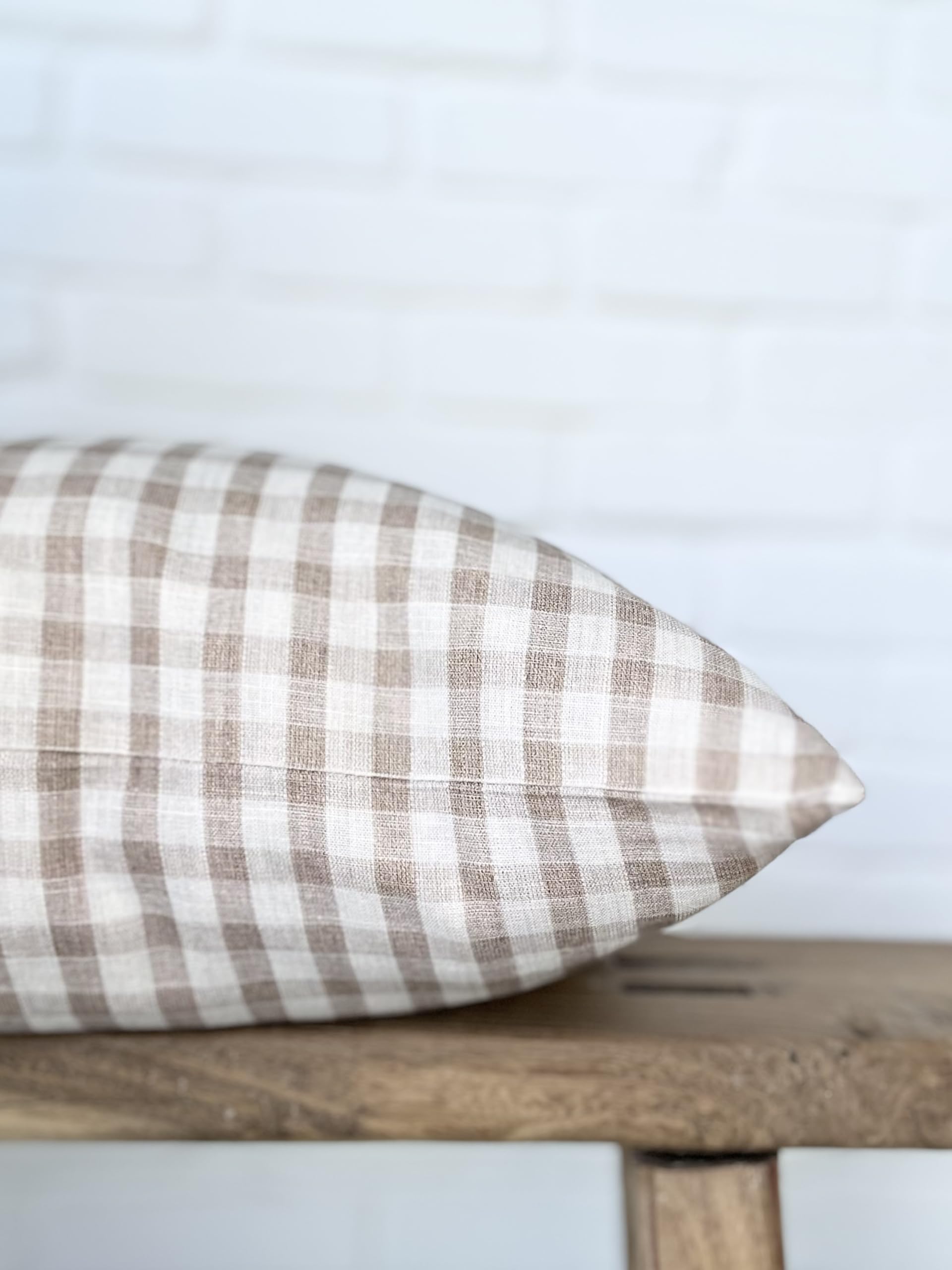 Pillow Cover 100% Linen 20 x 20 inches Double Sided Block Print with Zipper for Easy Removal Home Decor Shabby Chic Farmhouse Neutral Decorative Sofa Couch Accent (Plaid White Grey)