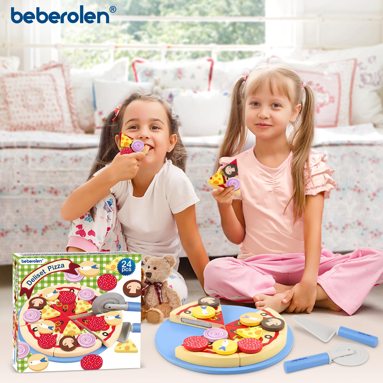 Beberolen Wooden Pizza Toy Play Food Set for Kids Pretend Play Kitchen Accessories Cutting Food Toys for 3 4 5 Years Old Toddlers Boys Girls