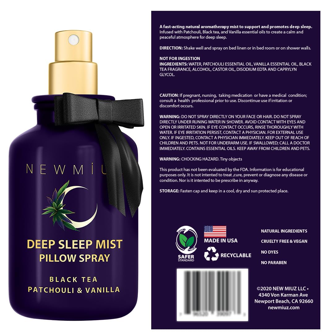 Deep Sleep Pillow Spray Patchouli Black Tea Vanilla Essential Oils Natural Fast Acting Aromatherapy Mist for Restful Sleep Relaxation Calming Stress Relief Bedtime & Shower Spray Luxury Self care Gift
