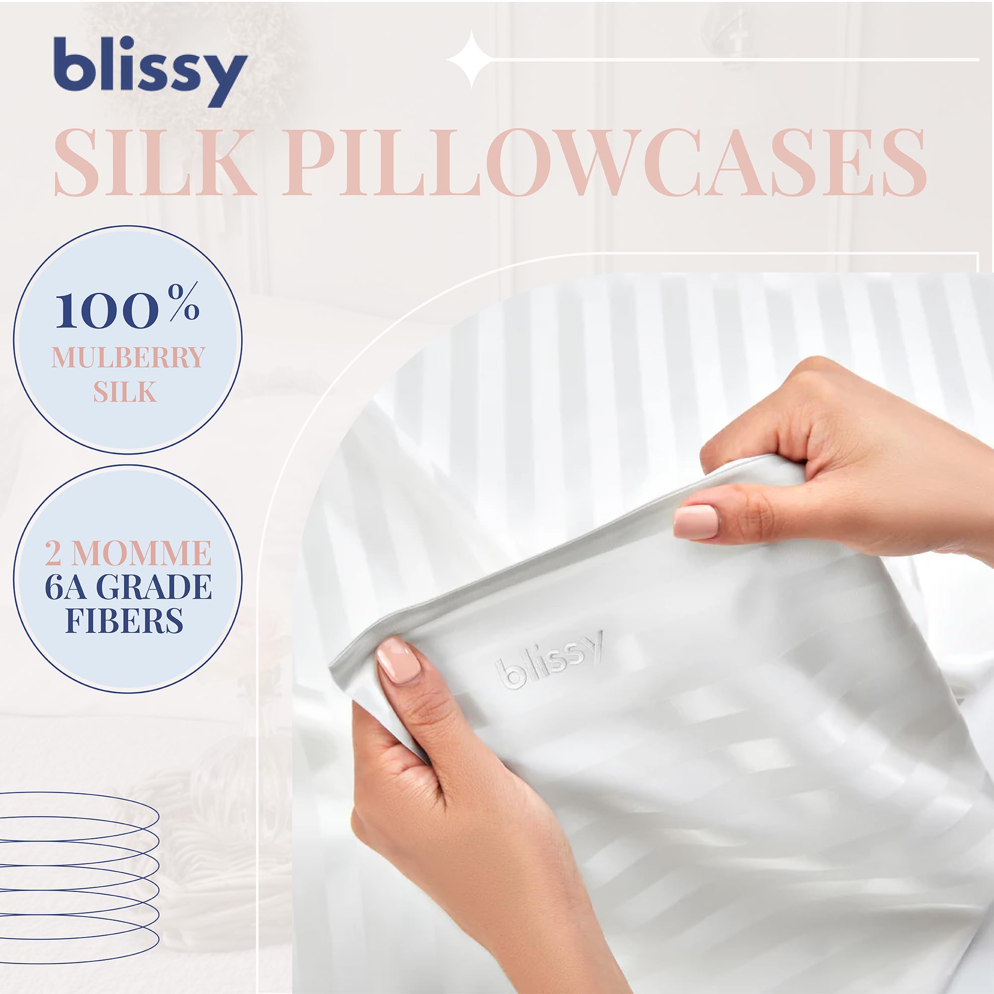 Blissy Silk Pillowcase - 100% Pure Mulberry Silk - 22 Momme 6A High-Grade Fibers - Silk Pillow Cover for Hair & Skin - Regular, Queen & King with Hidden Zipper (Standard,Blissy White)