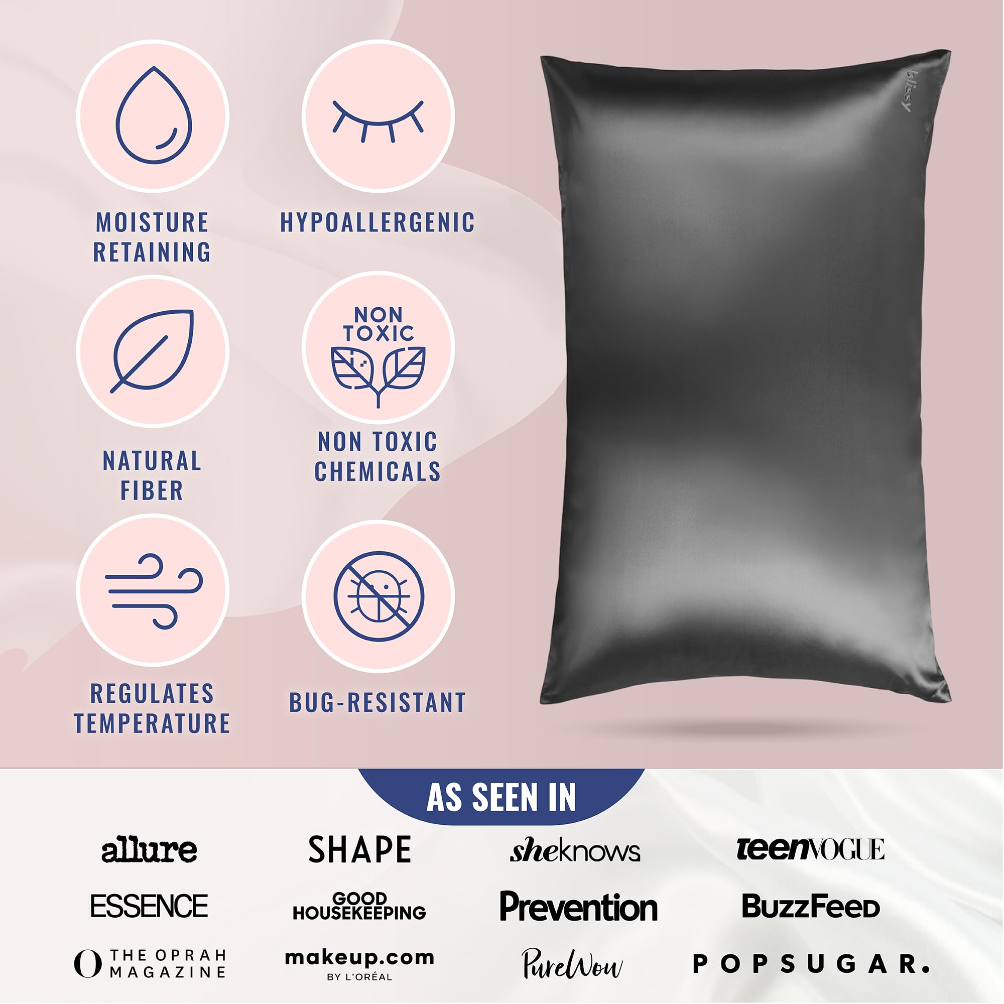 Blissy Silk Pillowcase - 100% Pure Mulberry Silk - 22 Momme 6A High-Grade Fibers - Silk Pillow Cover for Hair & Skin - Regular, Queen & King with Hidden Zipper (Standard,Blissy White)