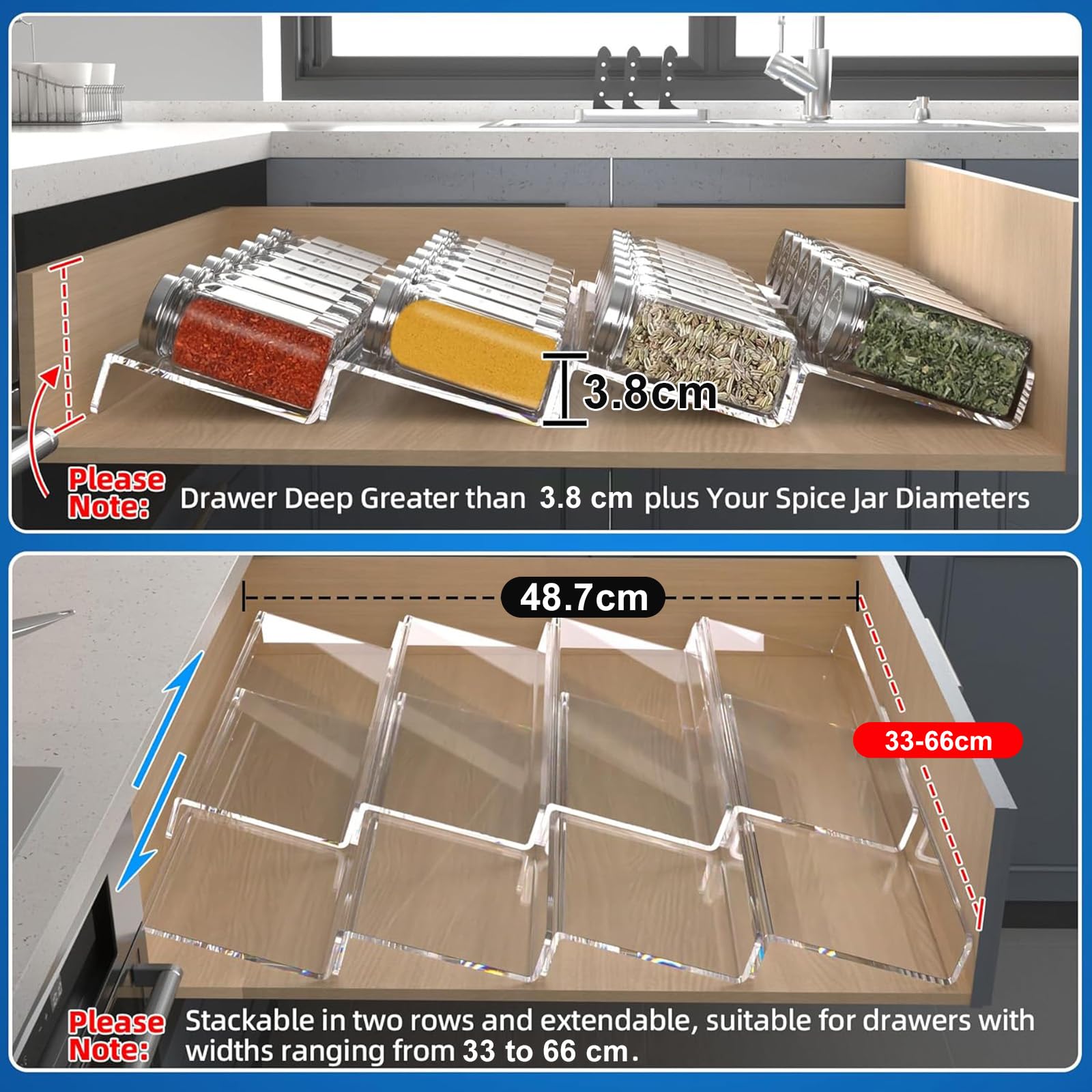 Clear Acrylic Spice Drawer Organizer, 4 Tier- 2 Set Expandable From 33 cm to 66 cm Seasoning Jars Drawers Insert, Kitchen Spice Rack Tray for Drawer/Countertop (Jars and Labels not included)