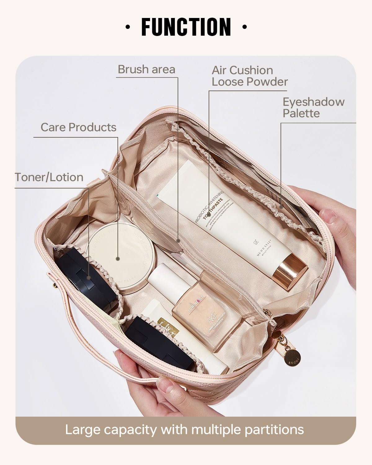 EACHY Travel Makeup Bag,Large Capacity Cosmetic Bags for Women,Waterproof Portable Pouch Open Flat Toiletry Bag Make up Organizer with Divider and Handle