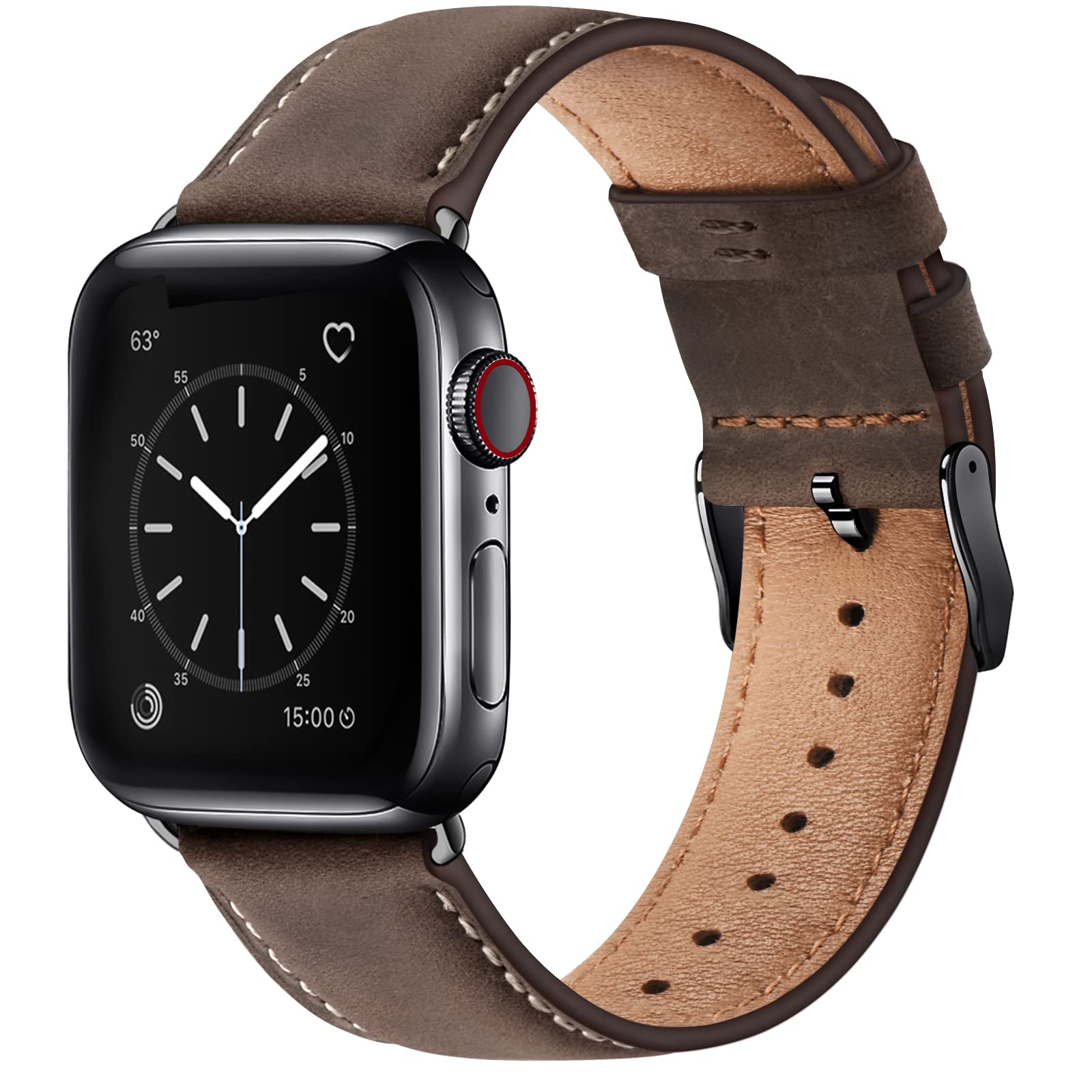Bestig Compatible with Apple Watch Band 49mm 46mm 45mm 44mm 42mm(Series 3 2 1) Apple Watch Leather Bands Genuine Leather for iWatch Strap Ultra Series 10 9 8 7 6 5 4 SE Women Man-Redbrown/Black