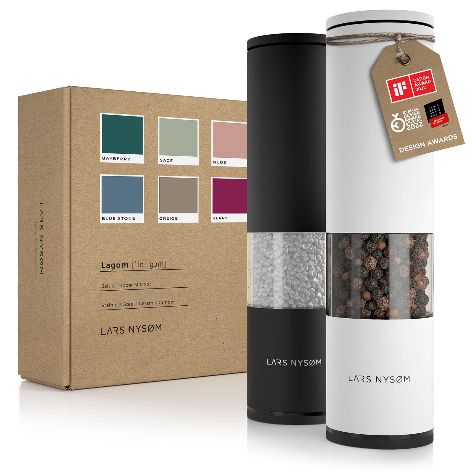 LARS NYSØM Salt and Pepper Mills Set Stainless Steel with Adjustable Ceramic Grinder 2 Pieces I Design Spice Mills Set Manual (Brown/Beige)