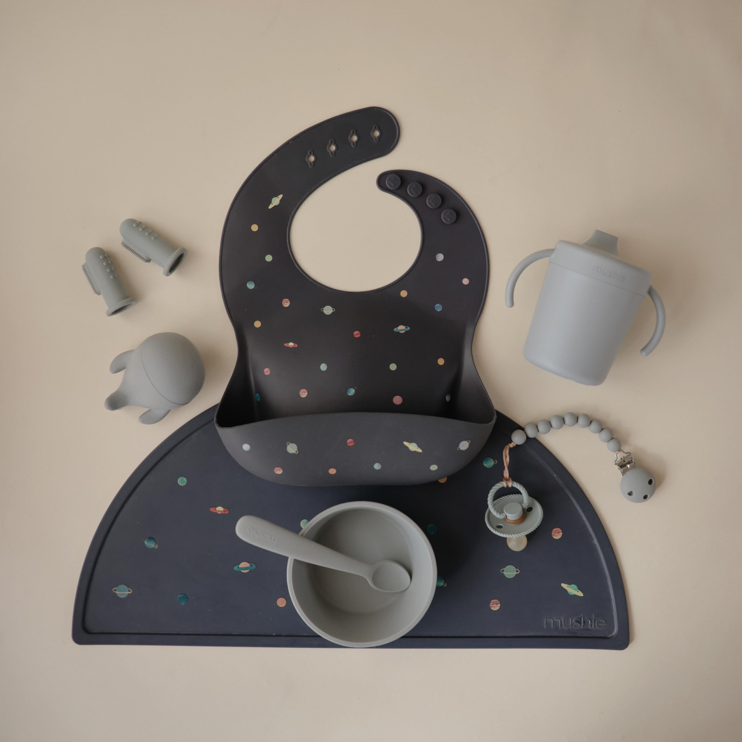 mushie Silicone Baby Bib | Adjustable Fit Waterproof Bibs (Whales)
