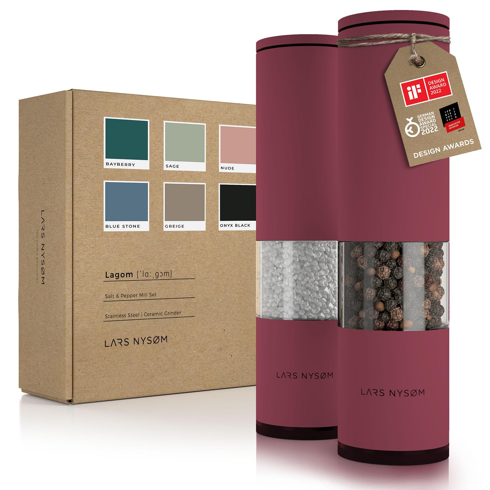 LARS NYSØM Salt and Pepper Mills Set Stainless Steel with Adjustable Ceramic Grinder 2 Pieces I Design Spice Mills Set Manual (Brown/Beige)