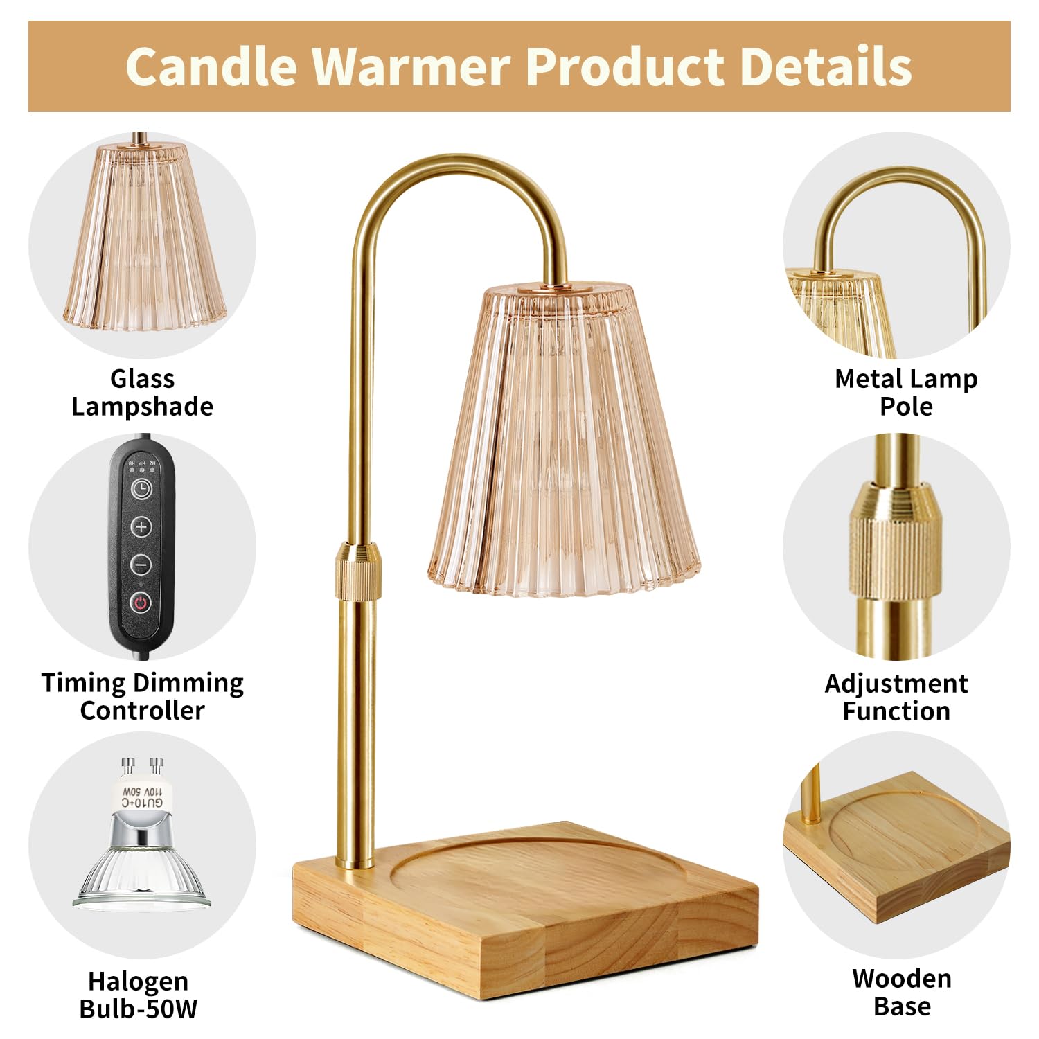 Candle Warmer Lamp with Dimmer, Electric Candle Warmer for Jar Candles, Bedroom Home Decor, 2H/4H/8H Timer Adjustable Height with 2 Bulbs, (Amber)