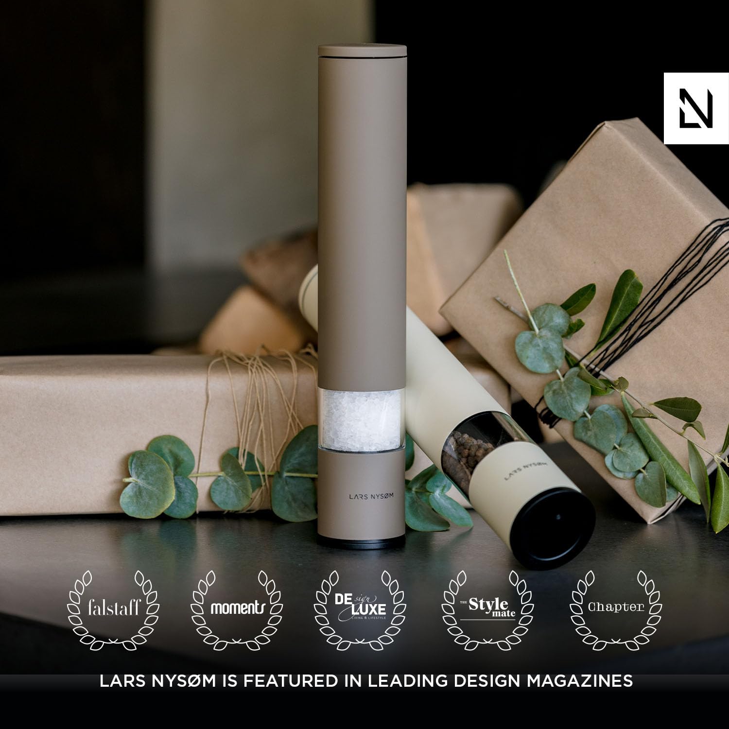 LARS NYSØM Salt and Pepper Mills Set Stainless Steel with Adjustable Ceramic Grinder 2 Pieces I Design Spice Mills Set Manual (Brown/Beige)