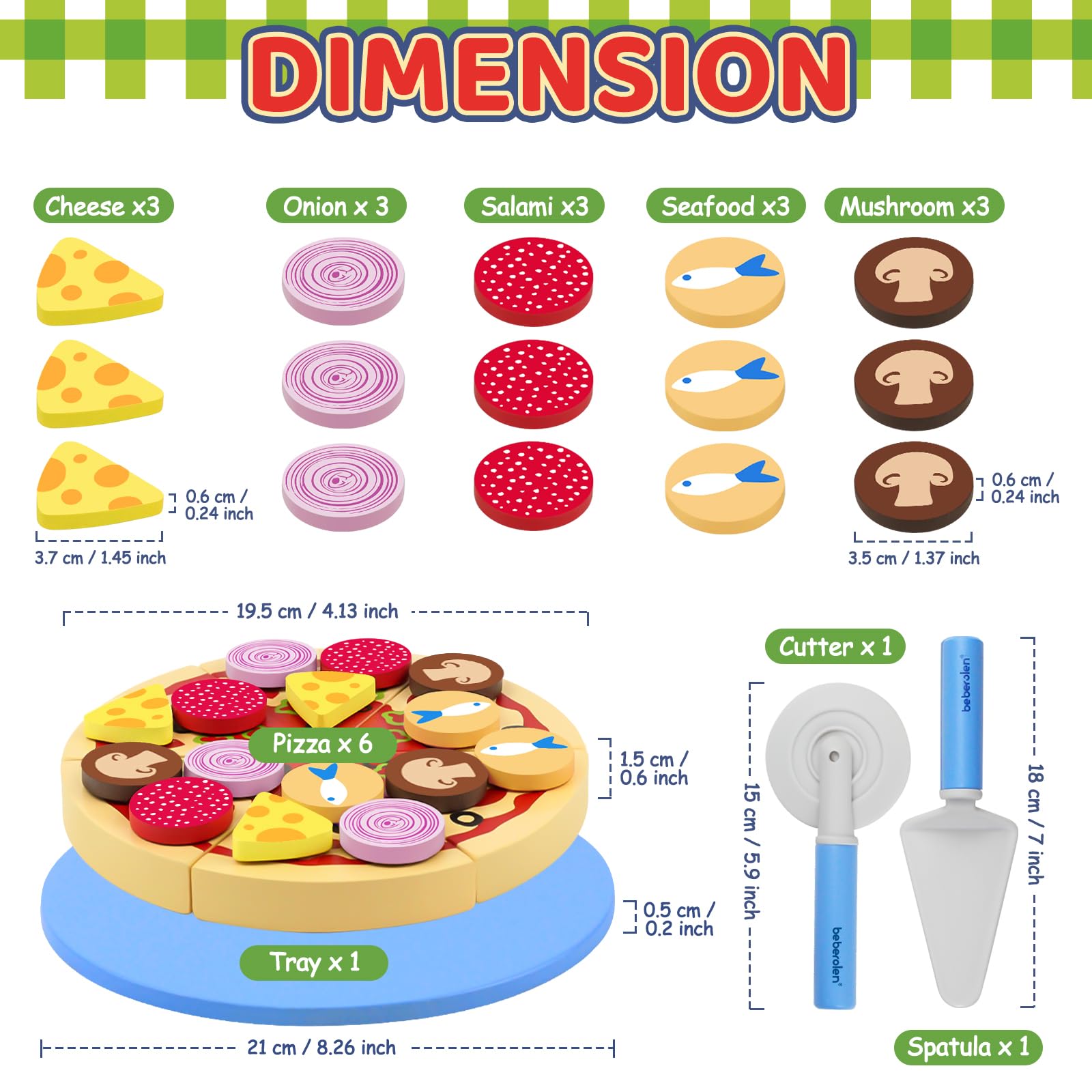 Beberolen Wooden Pizza Toy Play Food Set for Kids Pretend Play Kitchen Accessories Cutting Food Toys for 3 4 5 Years Old Toddlers Boys Girls