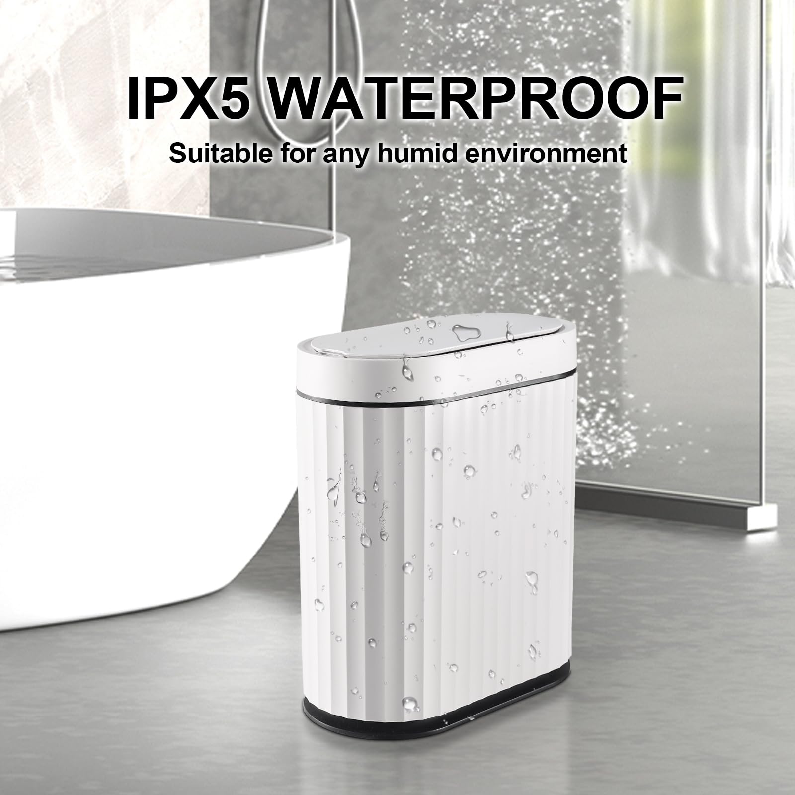 ELPHECO Mini Desktop Trash Can with Lid, Small Slim Automatic Garbage Can, 1.3 Gallon Motion Sensor Countertop Waste Basket for Bedroom, Office, Bathroom, White with Grey Trim