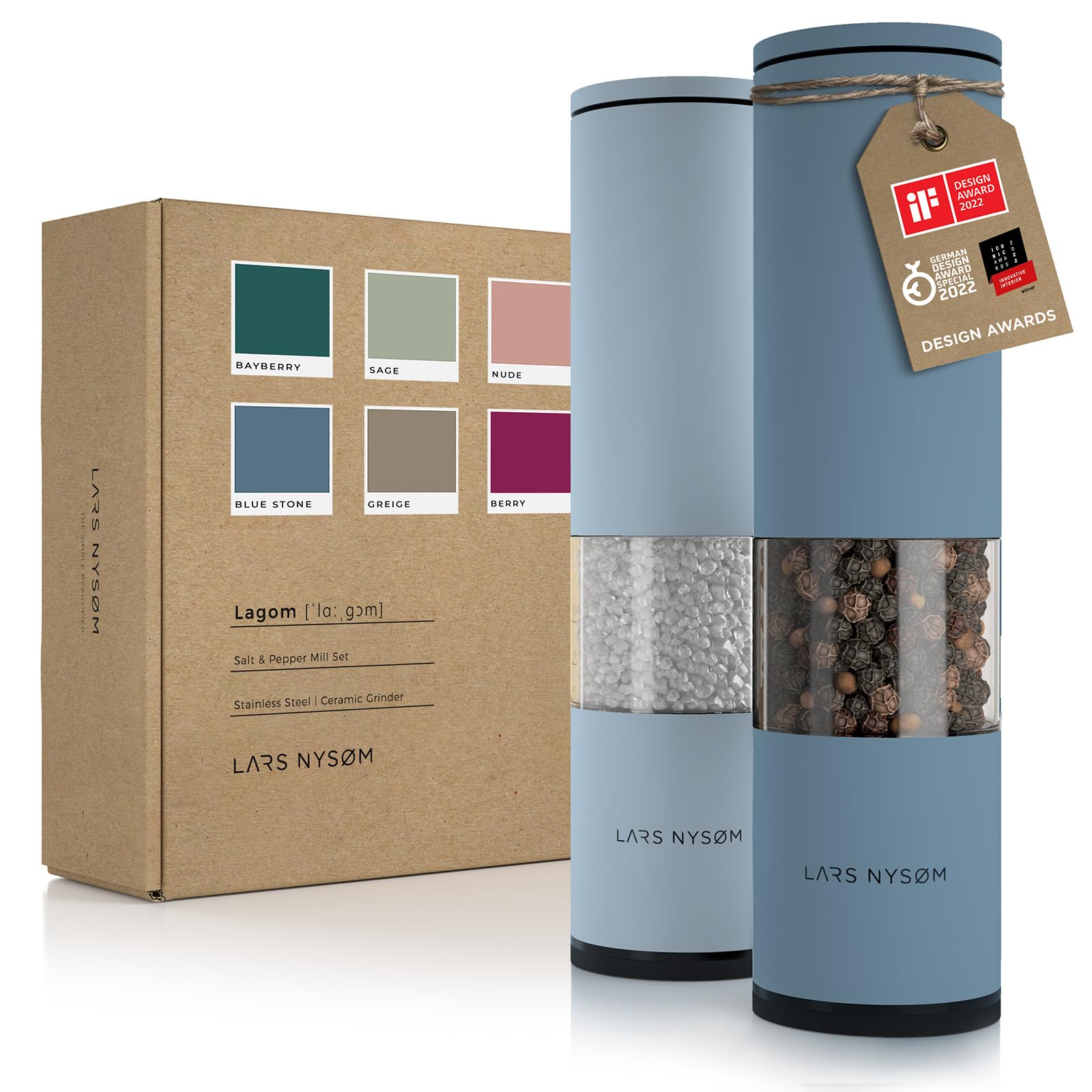 LARS NYSØM Salt and Pepper Mills Set Stainless Steel with Adjustable Ceramic Grinder 2 Pieces I Design Spice Mills Set Manual (Brown/Beige)