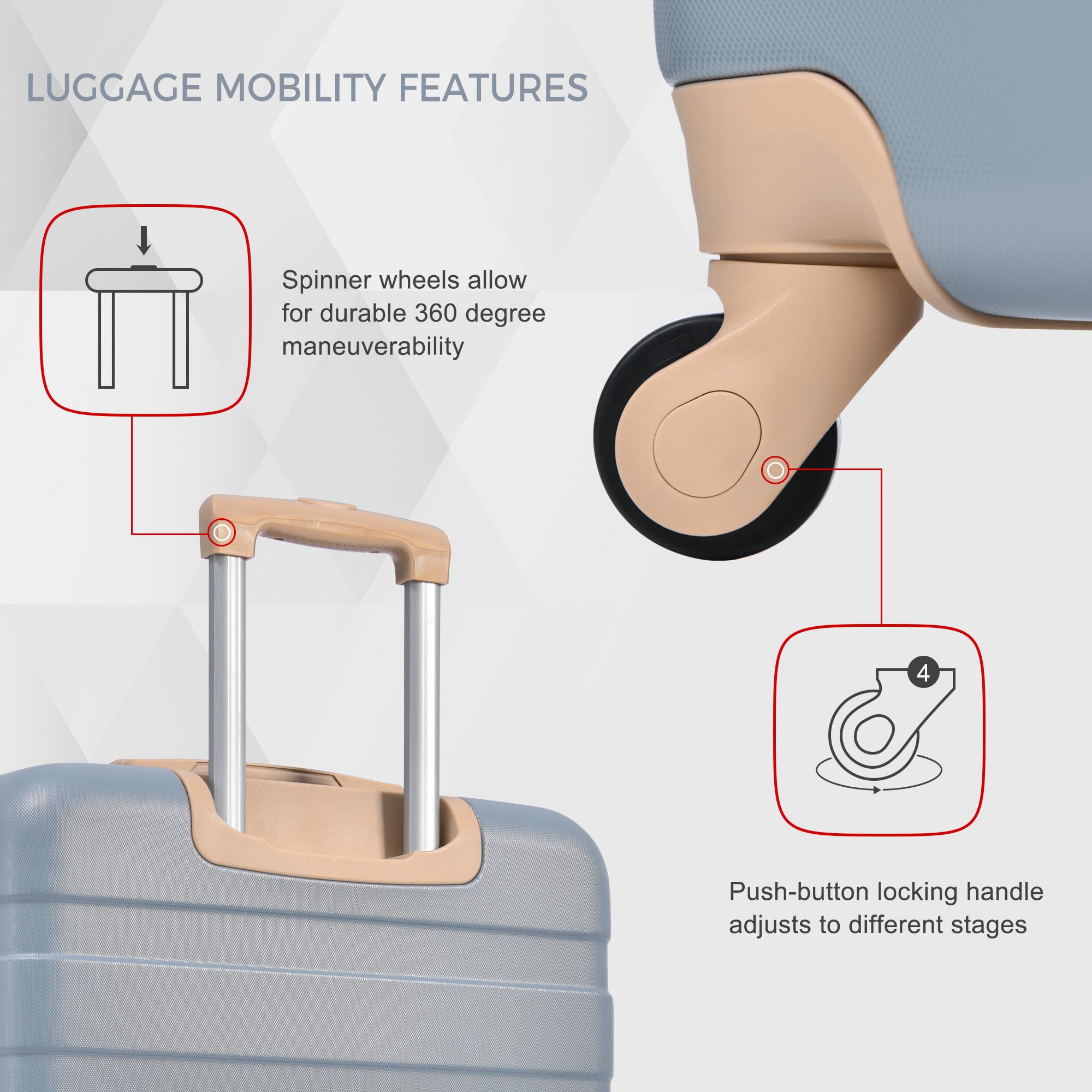 Merax 3 Pcs ABS Hardside Luggage Sets TSA Lock Spinner Wheel Suitcases, Pearly White, 20/24/28 Inch