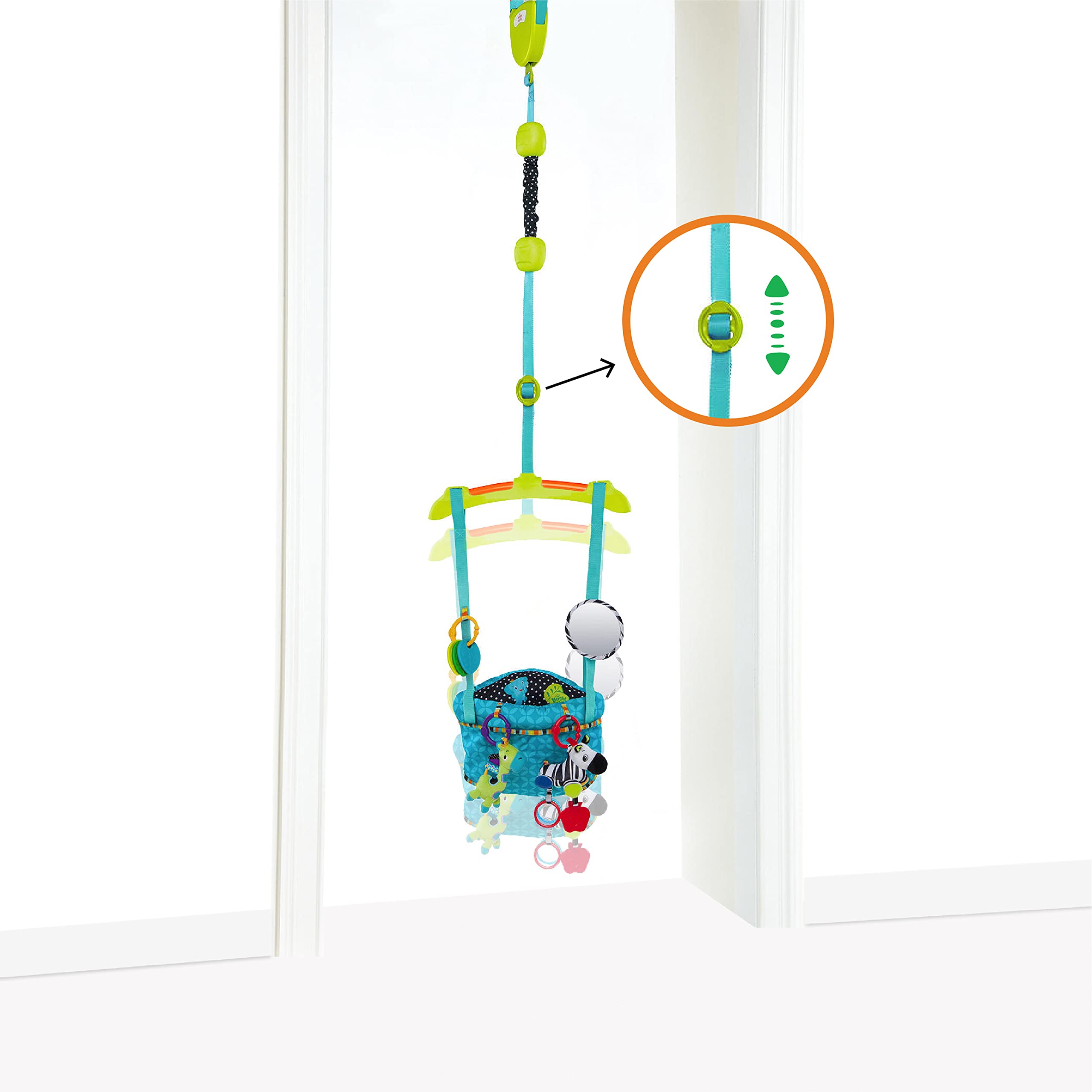 Bright Starts Playful Parade Door Jumper for Baby with Adjustable Strap, 6 Months and Up, Max Weight 26 lbs