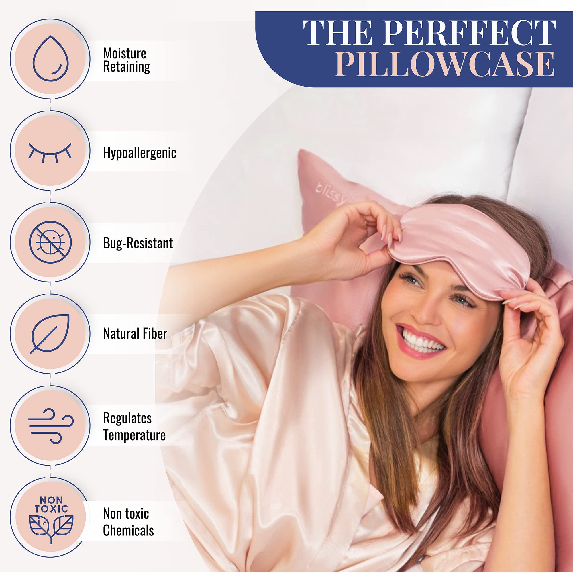 Blissy Silk Pillowcase - 100% Pure Mulberry Silk - 22 Momme 6A High-Grade Fibers - Silk Pillow Cover for Hair & Skin - Regular, Queen & King with Hidden Zipper (Standard,Blissy White)
