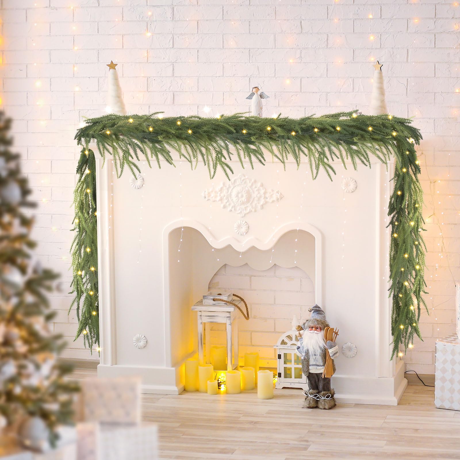 Jin&Bao 6FT Real Touch Norfolk Pine Garlands, Christmas Garland with Lights, Christmas Decorations for Mantel Stairs Table Runner Outdoor Indoor Winter Decor, 50 LED with Timer 8 Modes