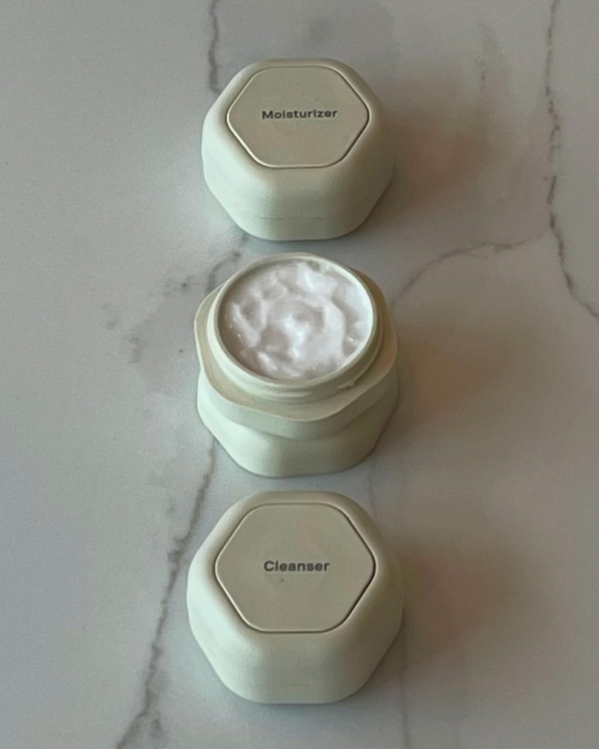 Cadence Travel Containers - Skincare Set - Magnetic Travel Capsules - for Facial Cleanser, Moisturizer, Sunscreen - 3 Small Capsules (0.56oz) with Cleanser, Moisturizer & Sun-Icon Labels - Sand