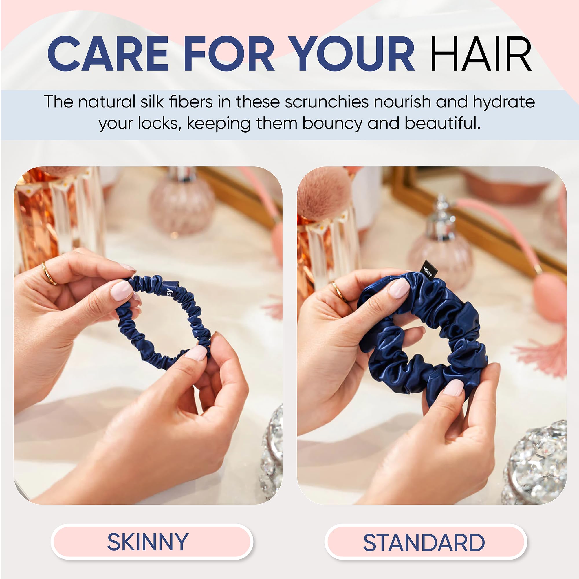 Blissy Silk Scrunchies (3 Pack) - 100% Pure Mulberry Silk - 22 Momme 6A High-Grade Fibers - Silk Scrunchie for Straight & Curly Hair - Preventing Breakage, Tangling, & Creasing (Rose Skinny)