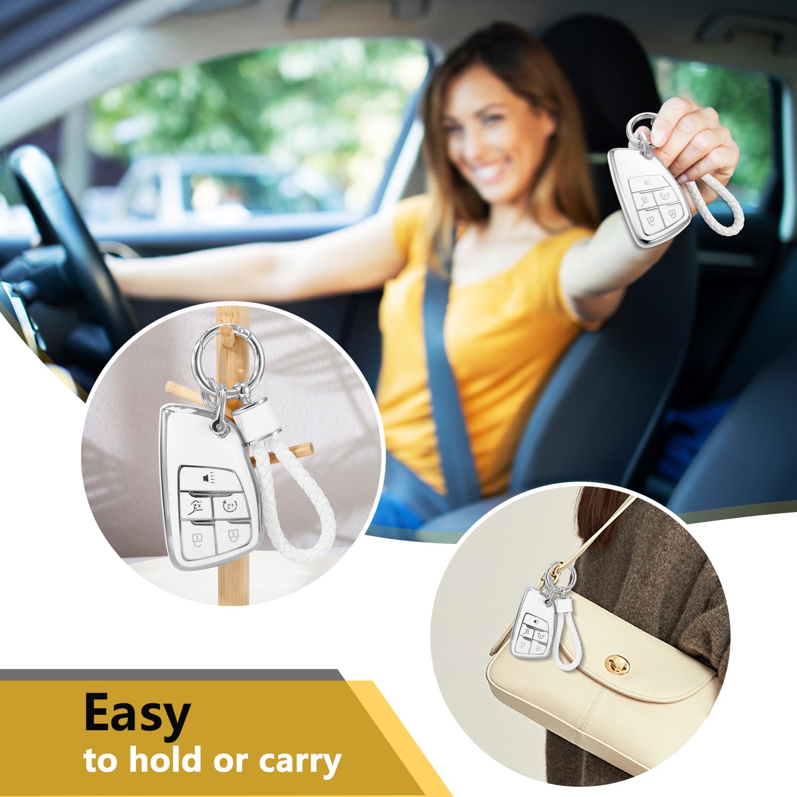 Cadillac Key Fob Cover with Metal Braided Rope Keychain, Upgraded Soft Key Case for 2015-2019 Escalade CTS SRX XT5 ATS STS CT6 (5 Button) (Gold Edge)