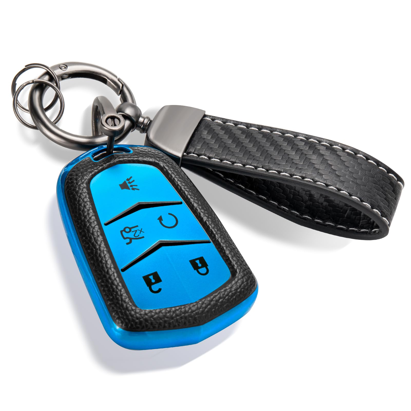 Cadillac Key Fob Cover with Metal Braided Rope Keychain, Upgraded Soft Key Case for 2015-2019 Escalade CTS SRX XT5 ATS STS CT6 (5 Button) (Gold Edge)