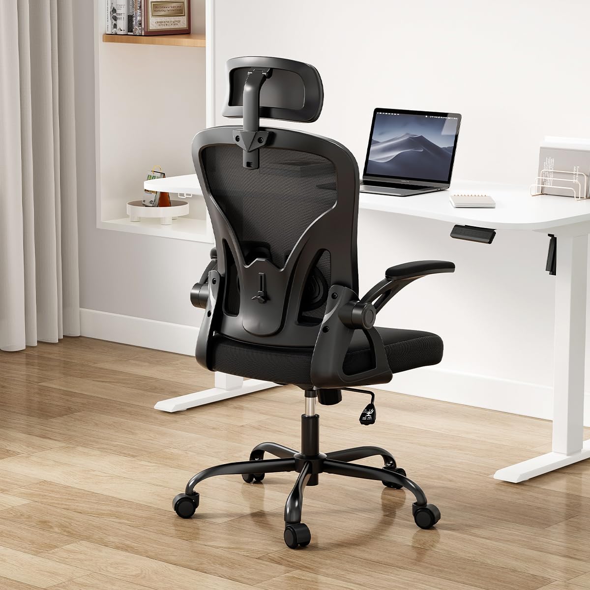 Farini Ergonomic Office Chair, Home Office Desk Chair with Headrest, High Back Computer Chair with Flip-up Armrests and Adjustable Lumbar Support for Home Office Study Bedroom, Khaki.