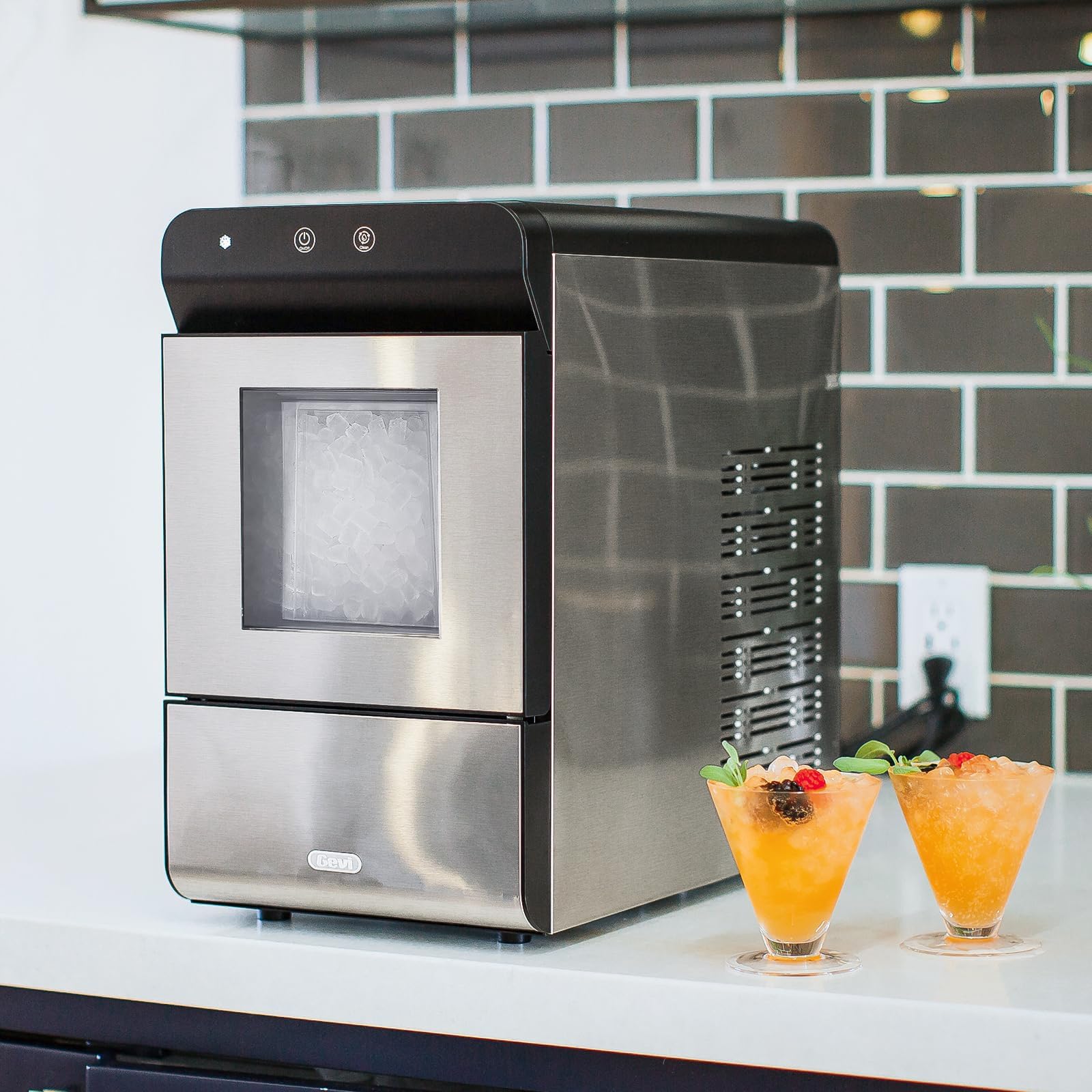 Gevi Household V2.0 Gemi Nugget Ice Maker Countertop Pellet Crushed Chewable Ice Machine with Self-Cleaning Open and Pour Water Refill for Kitchen Party Office Stainless Steel White