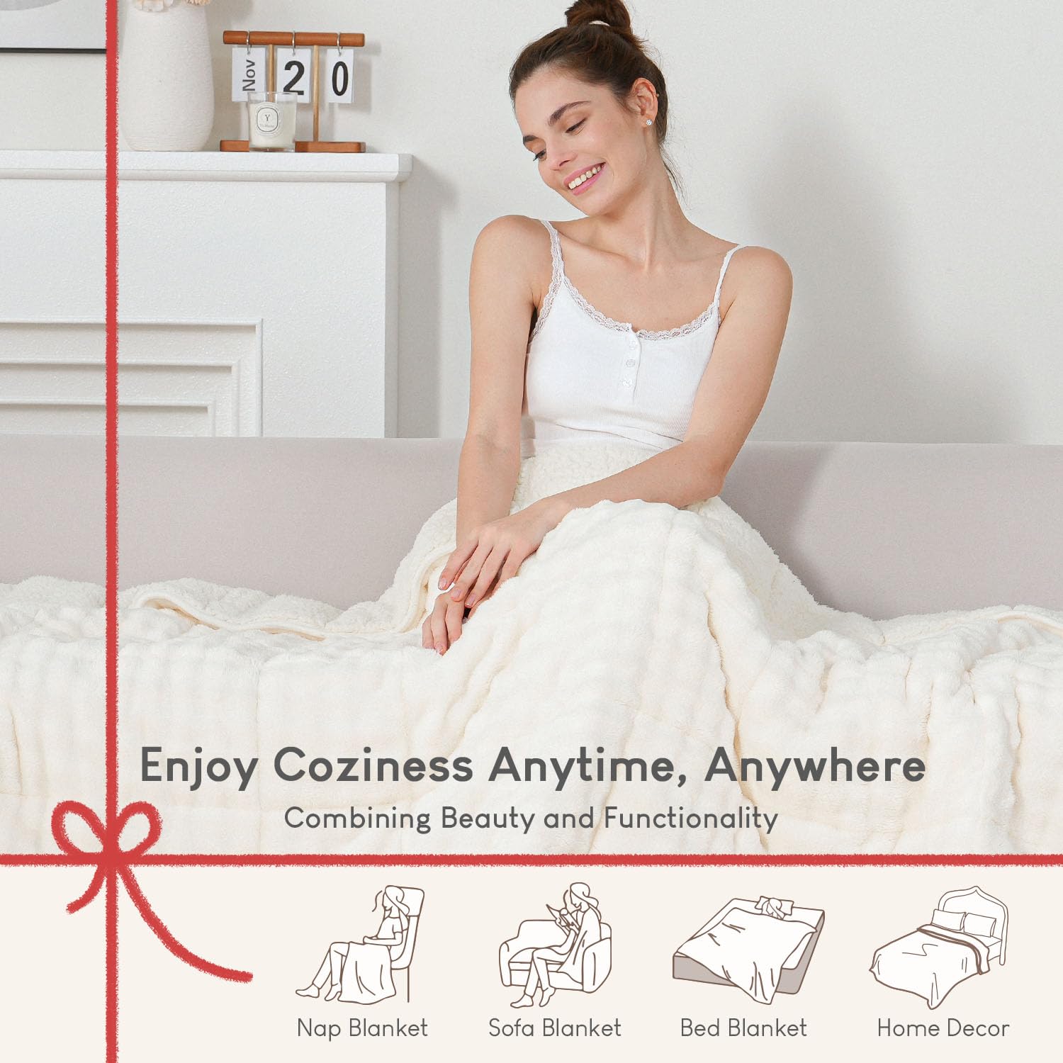 Cottonblue Weighted Blanket 15lbs Bubble Faux Fur Plush Sherpa Weighted Blankets for Adults, Fits Queen Size Bed, Cute Fuzzy Warm Heavy Blanket for Calm and Better Sleep, 60"x80", Cream White