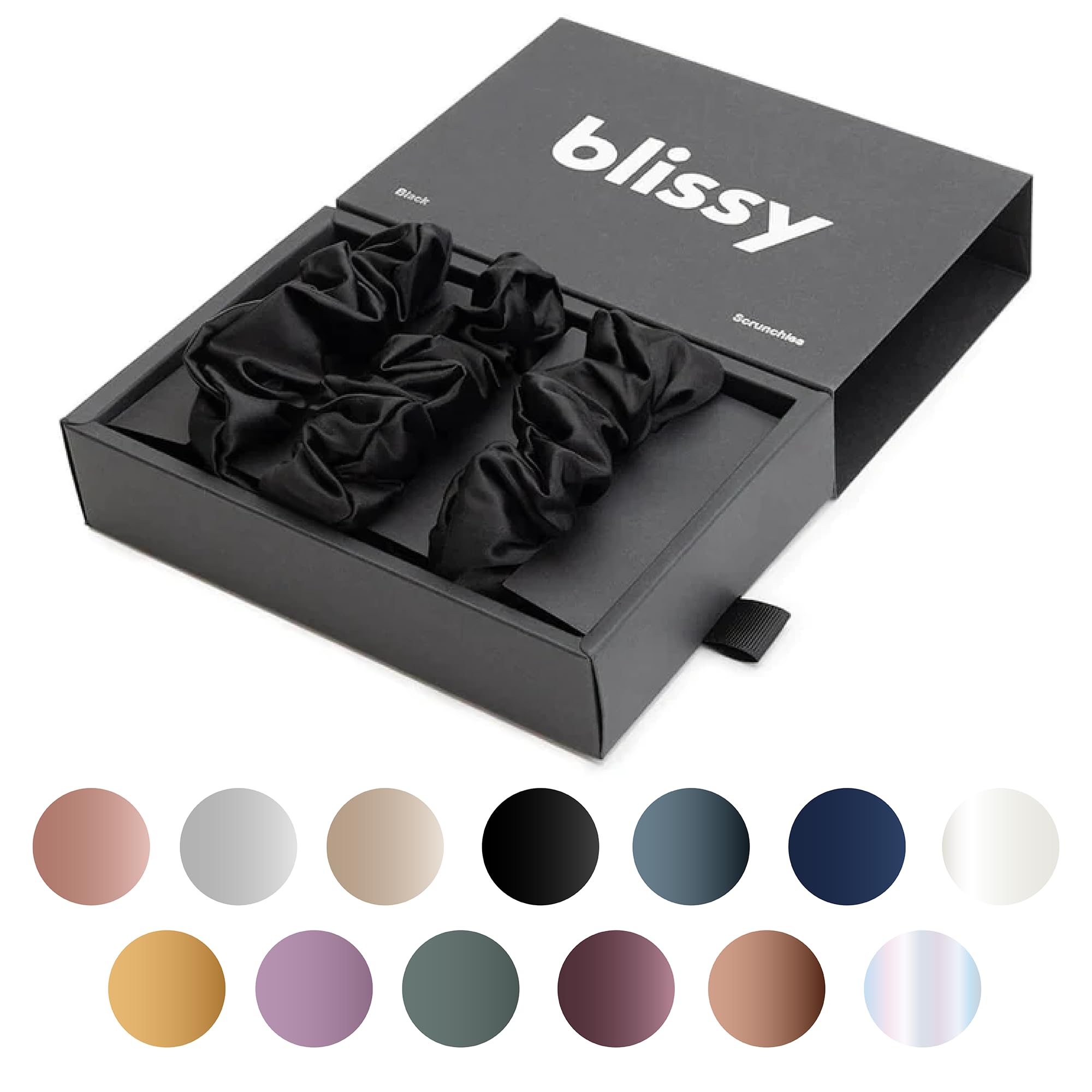 Blissy Silk Scrunchies (3 Pack) - 100% Pure Mulberry Silk - 22 Momme 6A High-Grade Fibers - Silk Scrunchie for Straight & Curly Hair - Preventing Breakage, Tangling, & Creasing (Black Skinny)