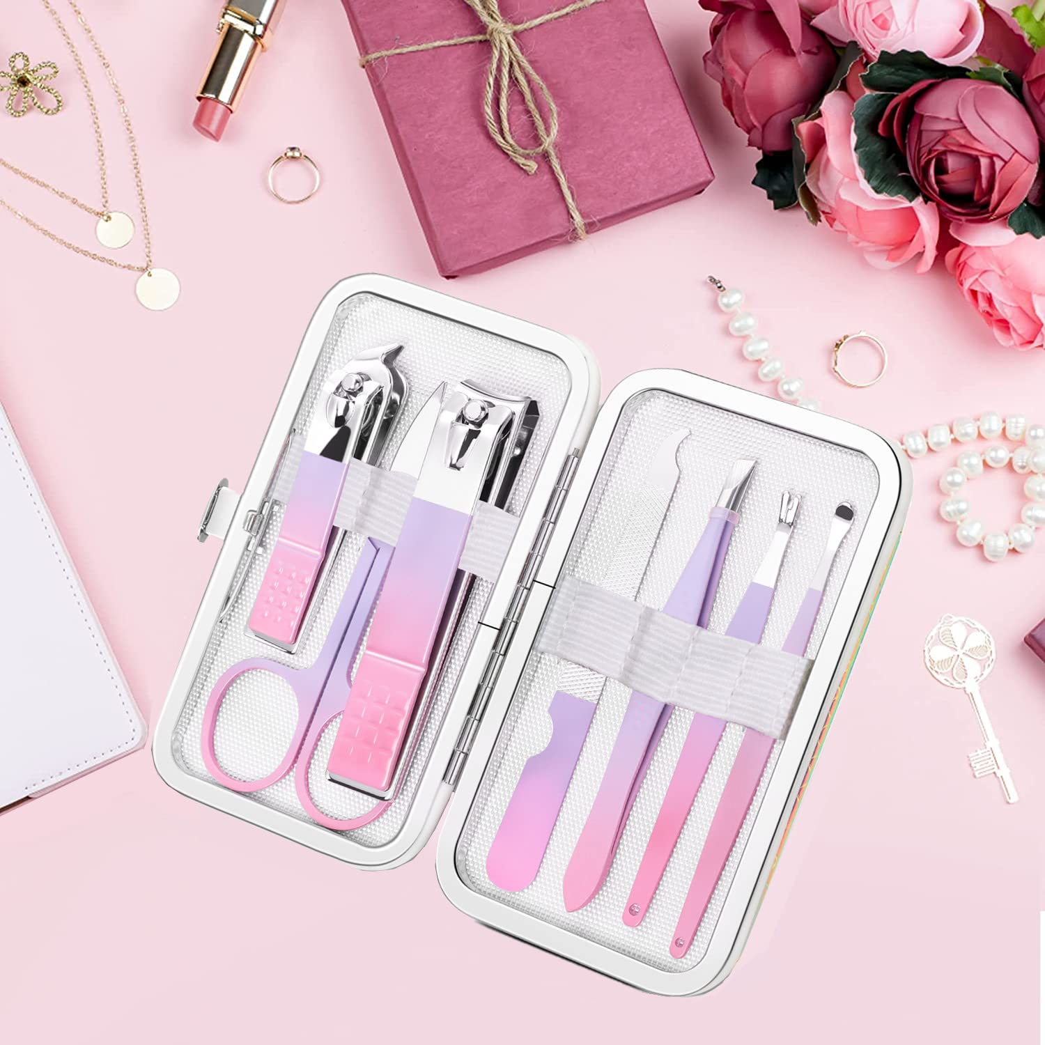 Manicure Set Professional Grooming Kits, Nail Clippers Pedicure Kit 8pcs Nail Kit Pedicure Set Tools with Aceoce Travel Case for Women Men Home or Salon Gift