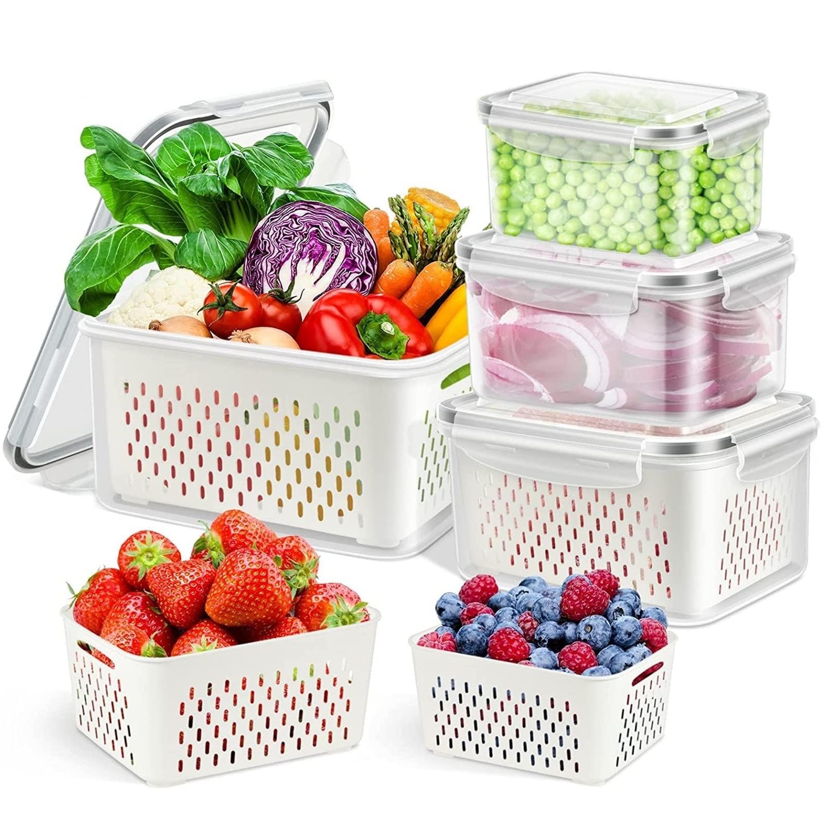 Fresh Food Storage Containers, 3 Pack Large Capacity Produce Saver Box with Drain Baskets & Lid for Vegetable and Fruit - BPA Free Stackable Refrigerator Organizer for Kitchen (0.8L+1.7L+3.15L)